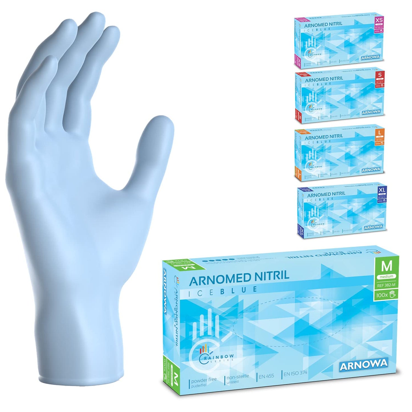 ARNOMED Guantes nitrilo talla M, azul claro, guantes de nitrilo, 100 uds/caja, guantes nitrilo desechables sin polvo, guantes de goma sin látex, guantes nitrilo talla XS, S, M, L y XL