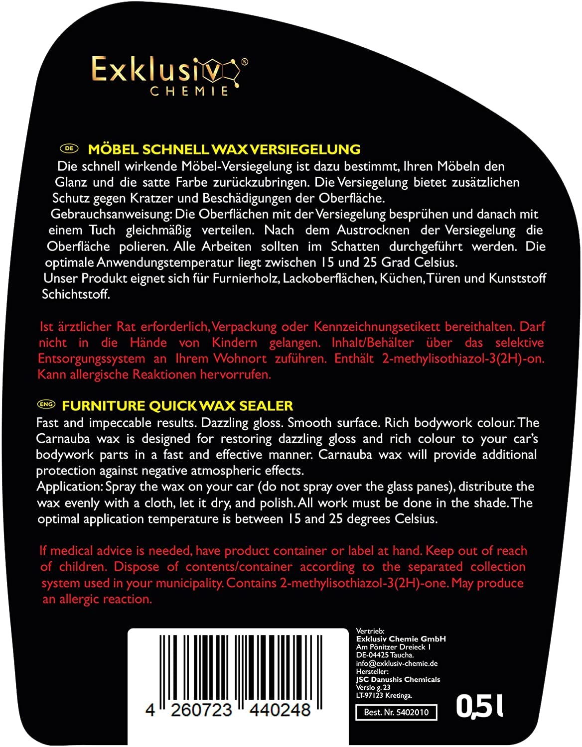 Exklusiv Chemie® Cuidado y Limpieza del Cuero de los Muebles | Cuidado de los Muebles | Cuidado del Cuero | Pulido del Cuero para Muebles de Cuero, sofás de Cuero y sofás | 500 ml