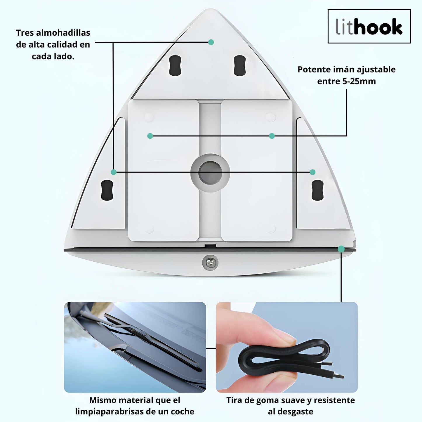 lithook, Limpiacristales Magnetico, Ajustable a un Grosor Entre 5-25 mm, Limpia Cristales con Iman de Doble Cara para Limpiar por Dentro y Fuera, Compatible con Ventanas y Mamparas de Ducha