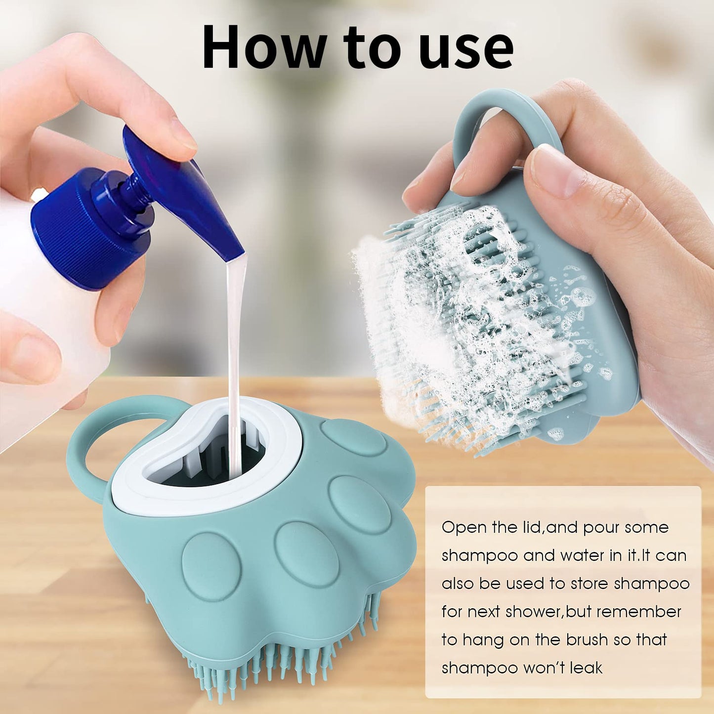 TIESOME Cepillo de Baño para Perros y Gatos, Dispensador de Champú de Silicona, Suave Cepillo de Ducha para el Lavado de Mascotas de Pelo Corto y Largo (Azul en forma de pata)