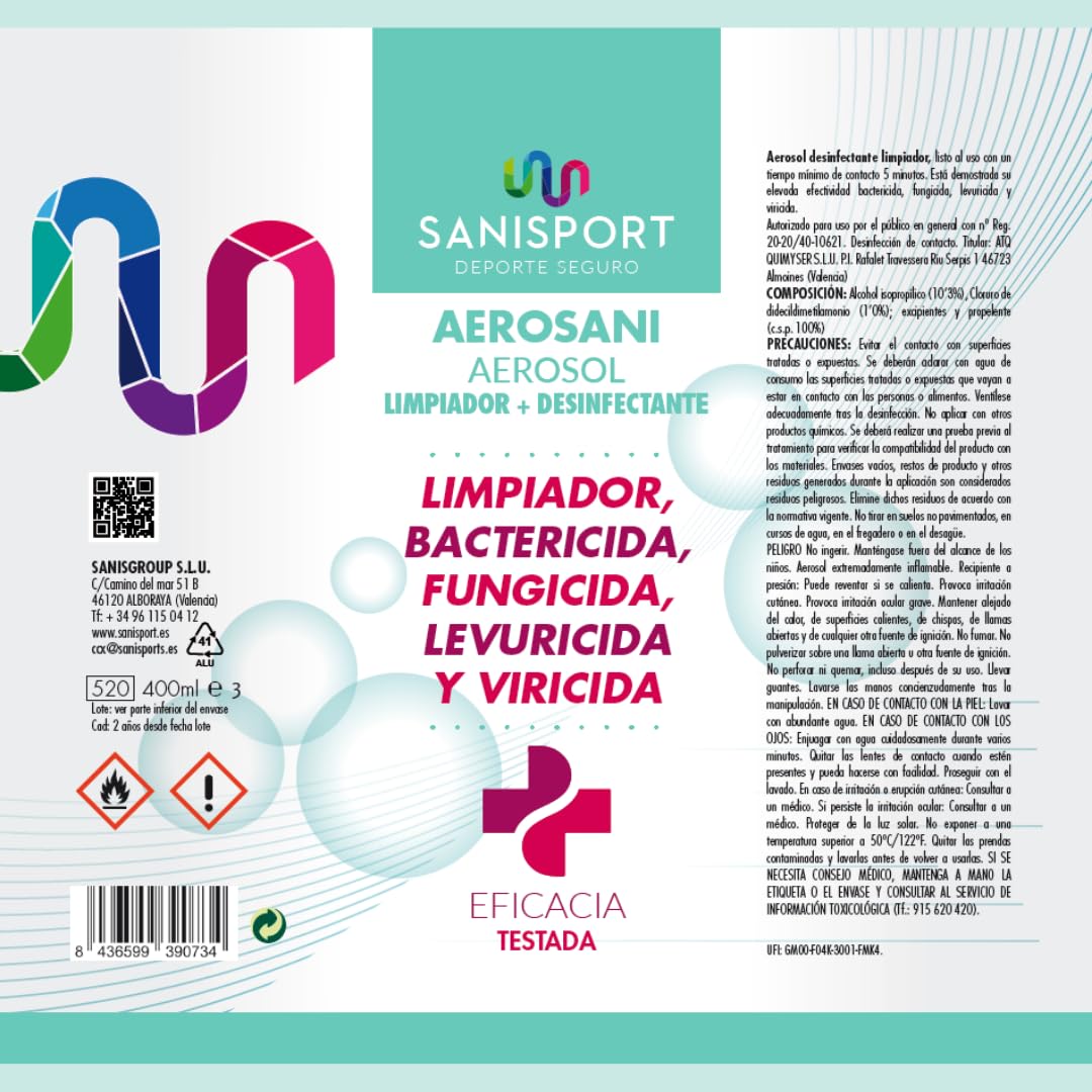 SANISPORT, Spray Desinfectante de Superfícies, Aerosani Aerosol Limpiador y Desinfectante, Limpiador Multiusos, 400 ML