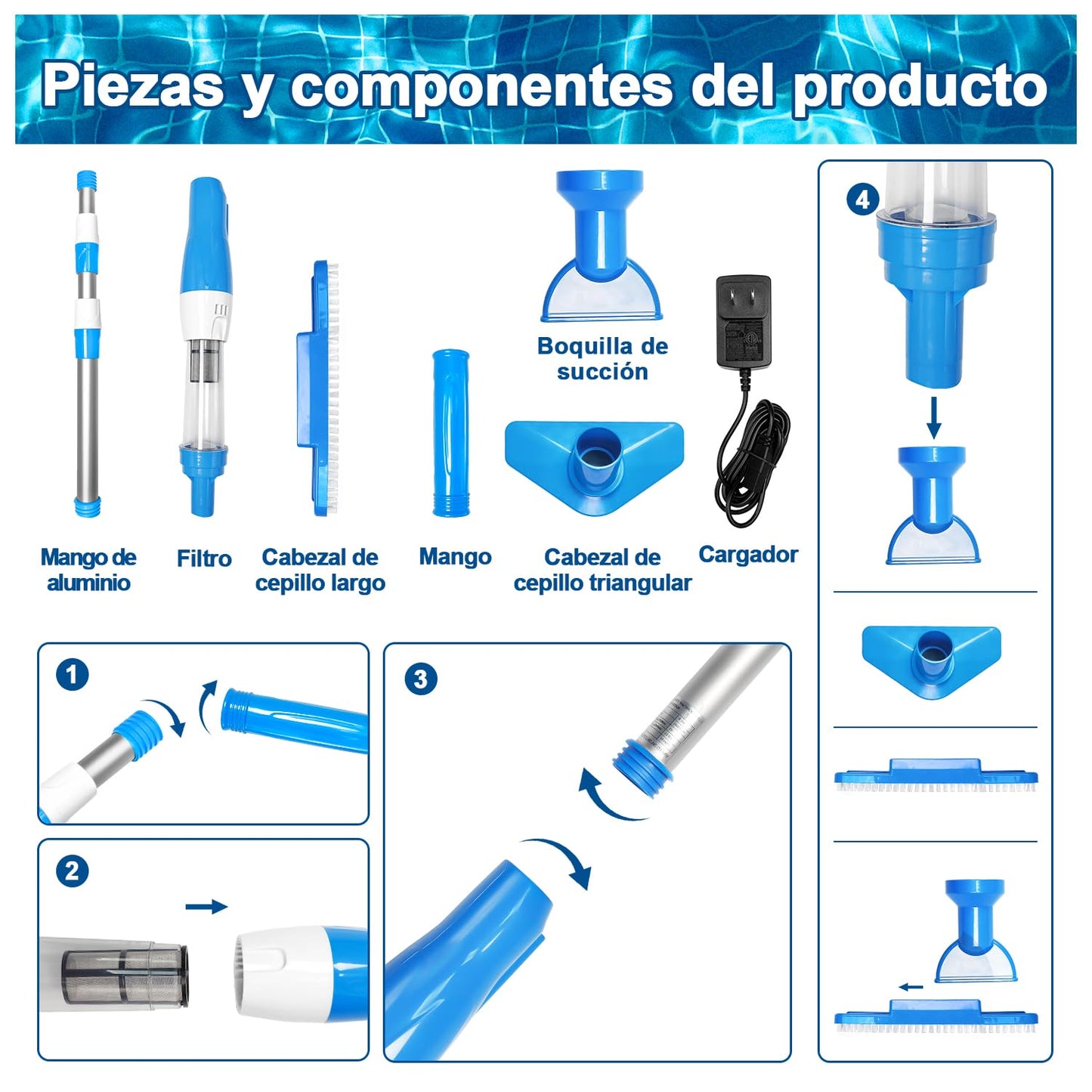 PoolyPoly 3 en 1 Limpiafondos de Piscina a Bateria, Aspirador de Piscina Inalámbrica con Mango Telescópico, Aspiradora Manual para SPA, Piccola Piscina Pequeñas, 90 Minutos Limpieza, Azul