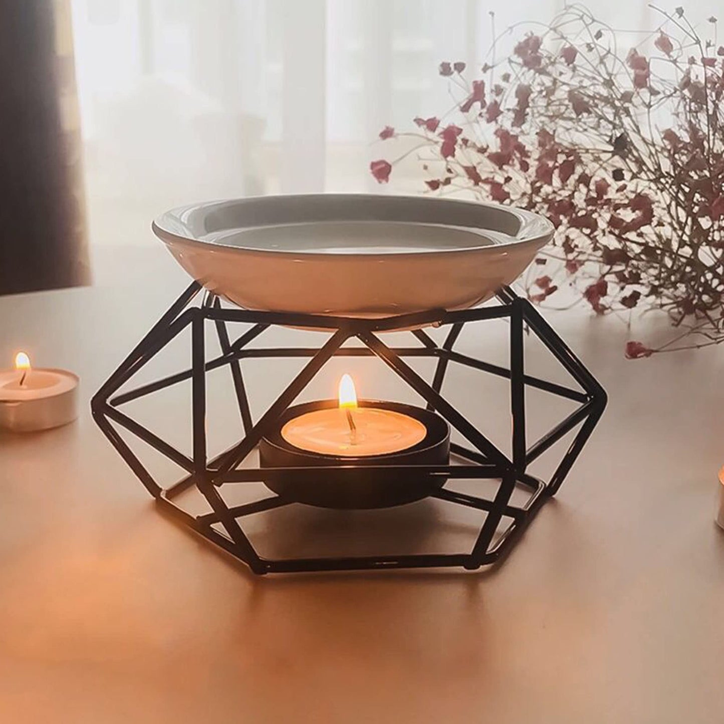 XFLYP Quemador de Aceite, Quemador de Aceite de Metal y Cerámica, Difusor de Aroma Portavelas Quemador de Cera Geométrico para SPA Yoga Meditación Casa Sala De Estar Decoración