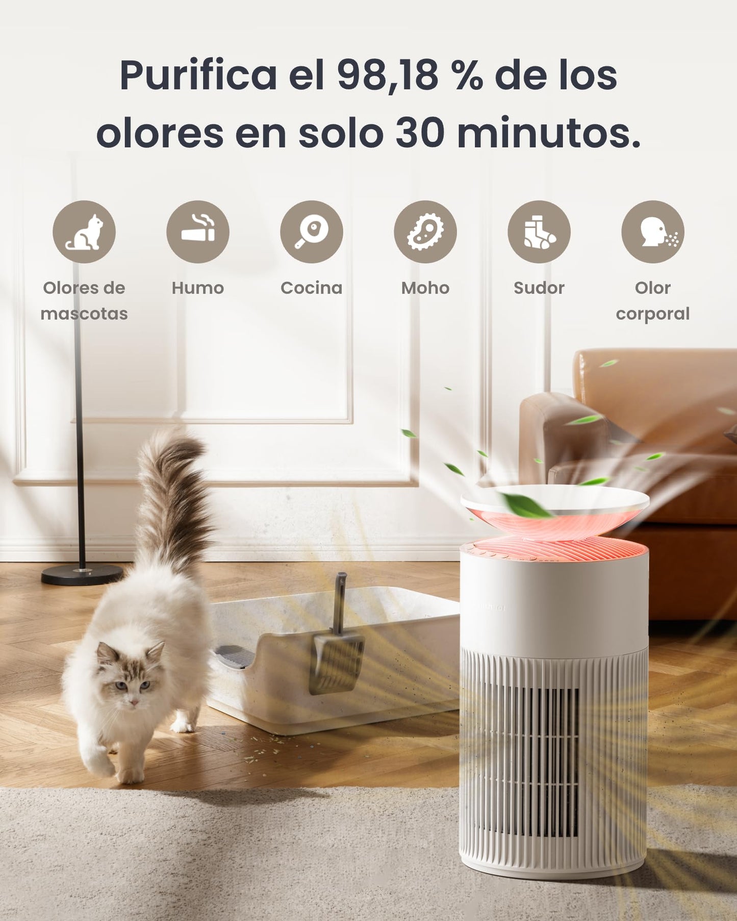 SwitchBot Purificador De Aire Con App Y Luz Nocturna, CADR 400m³/h Hasta 83㎡, Filtro HEPA Elimina 99.97% De Moho, Polvo, Polen, Modo Sueño 20dB, Modo Mascotas Para Familias Con Animales