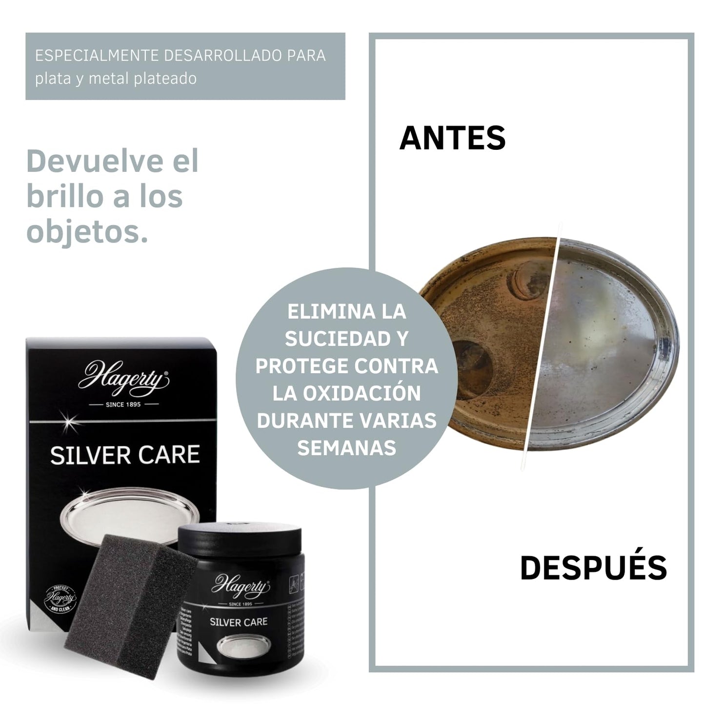 Hagerty Silver Care Silver 185g I Eficaz pasta de pulir plata y metales plateados con agentes antioxidantes I Para limpieza y cuidado de bandejas, fuentes o platos sin brillo I incluye una esponja