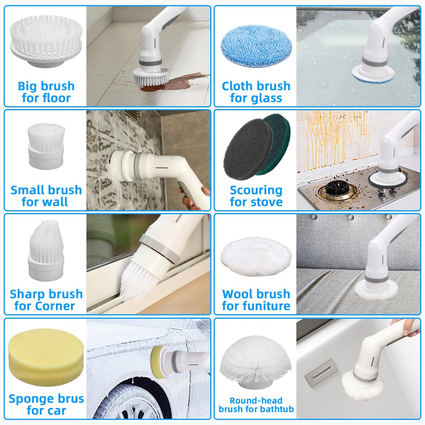 SOBEAU Cepillo De Limpieza Electric, Electrico Limpieza Hogar con 9 Cabezales de Cepillo de Repuesto, Cepillo Limpieza Electrico Mango Ajustable 2 Velocidades para Baño, Coche, Cocina,Suelo