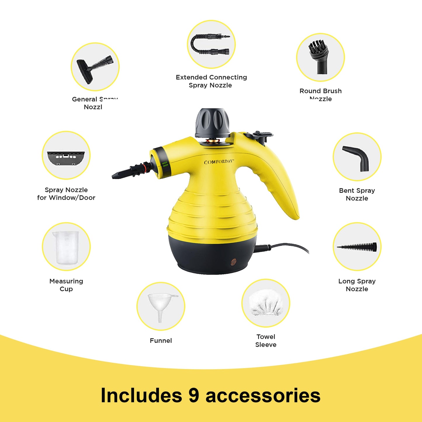 COMFORDAY Limpiador de Vapor de Mano, Limpiador de Vapores Portátil de Usos Múltiples con 9 Accesorios para Quitar Manchas, Alfombras, Cortinas, Asientos de Auto, Cocina, Chinches, Piso, Baño