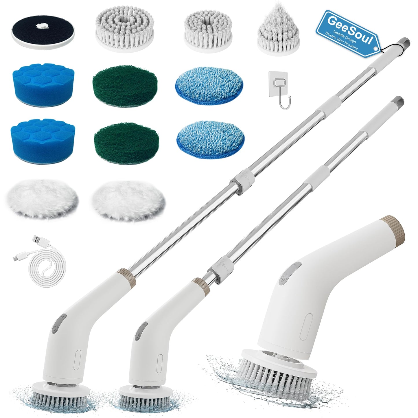 GeeSoul Cepillo de limpieza eléctrico giratorio 13 en 1, gran potencia con 2 velocidades ajustables, cepillo limpiador de ducha para baño, bañera, inodoro, cocina, regalos para abuela