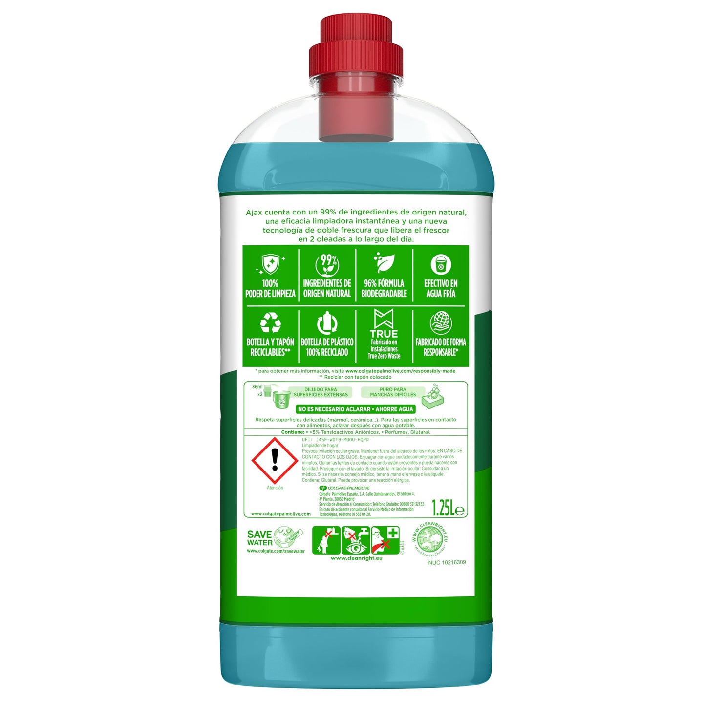 Ajax Pino Limpiador para el Hogar, 1.25 L , Acción Doble Tornado de Limpieza, Elimina la Suciedad, Fragancia de Limpieza Duradera, Fórmula Ecológica, Botella y Tapón Reciclables
