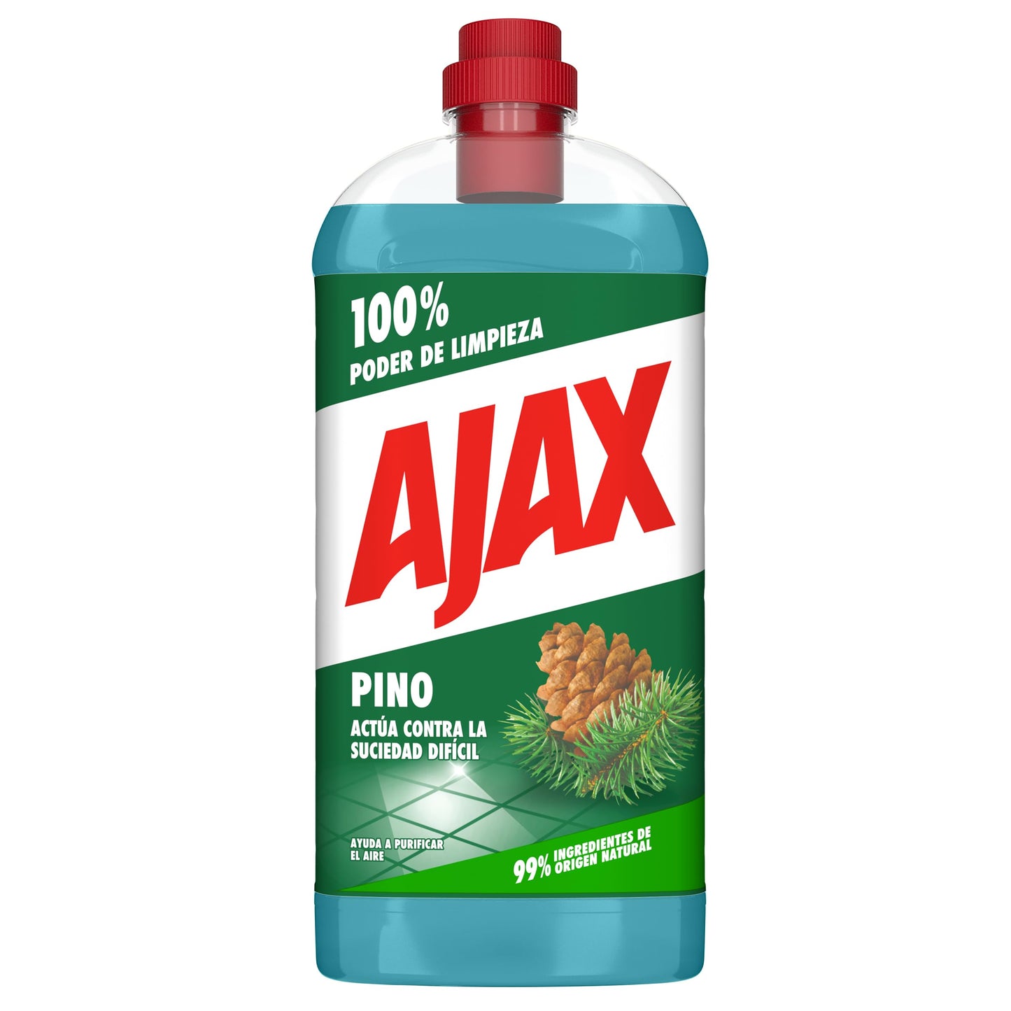 Ajax Pino Limpiador para el Hogar, 1.25 L , Acción Doble Tornado de Limpieza, Elimina la Suciedad, Fragancia de Limpieza Duradera, Fórmula Ecológica, Botella y Tapón Reciclables