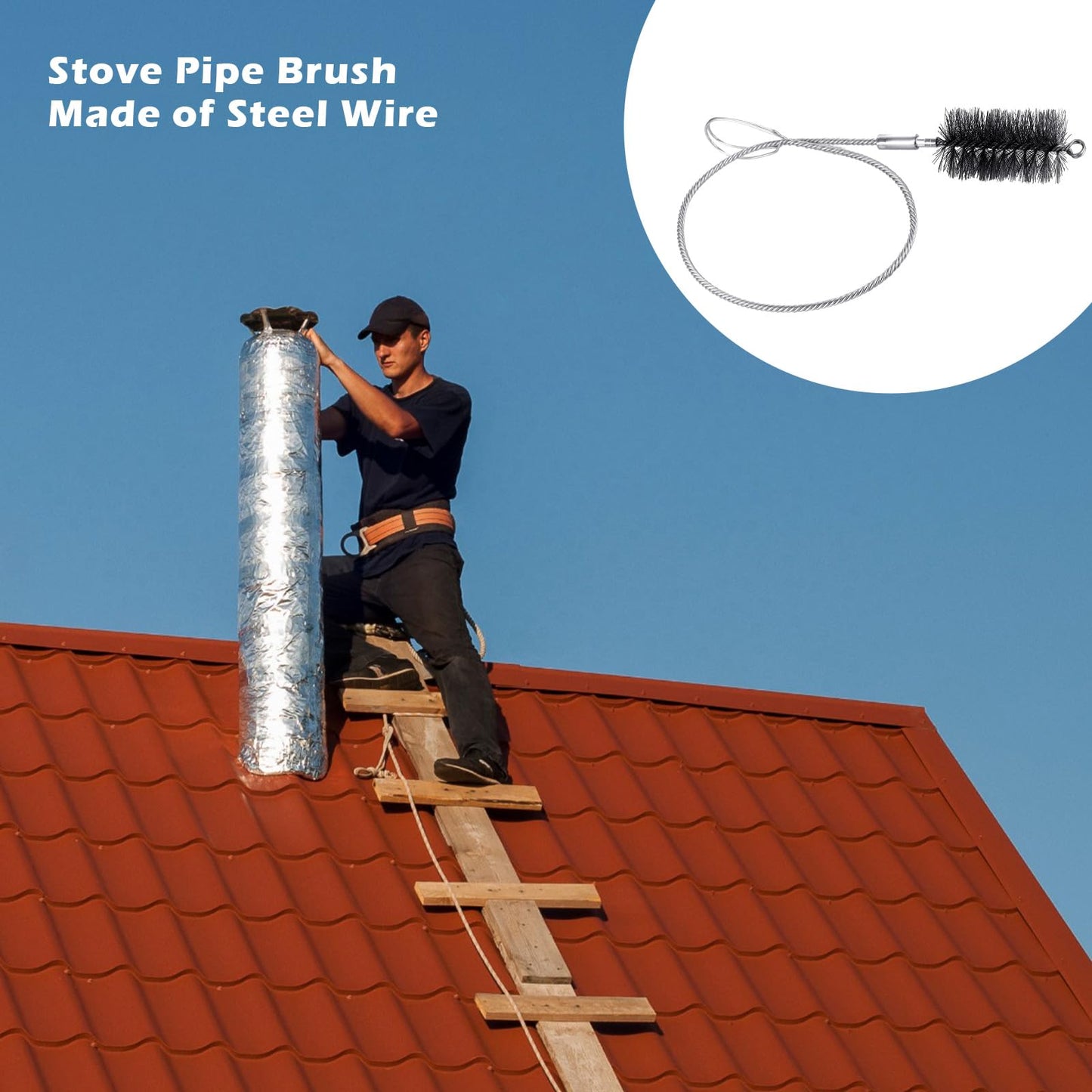 Nuenen 3 Piezas Set Cepillos para Tubo de Estufa de 70 mm y 120 mm con Varilla Flexible Cepillos para Limpiar Tubos de Chimeneas Deshollinador de Limpieza de Horno para Caldera de Chimenea Hogar