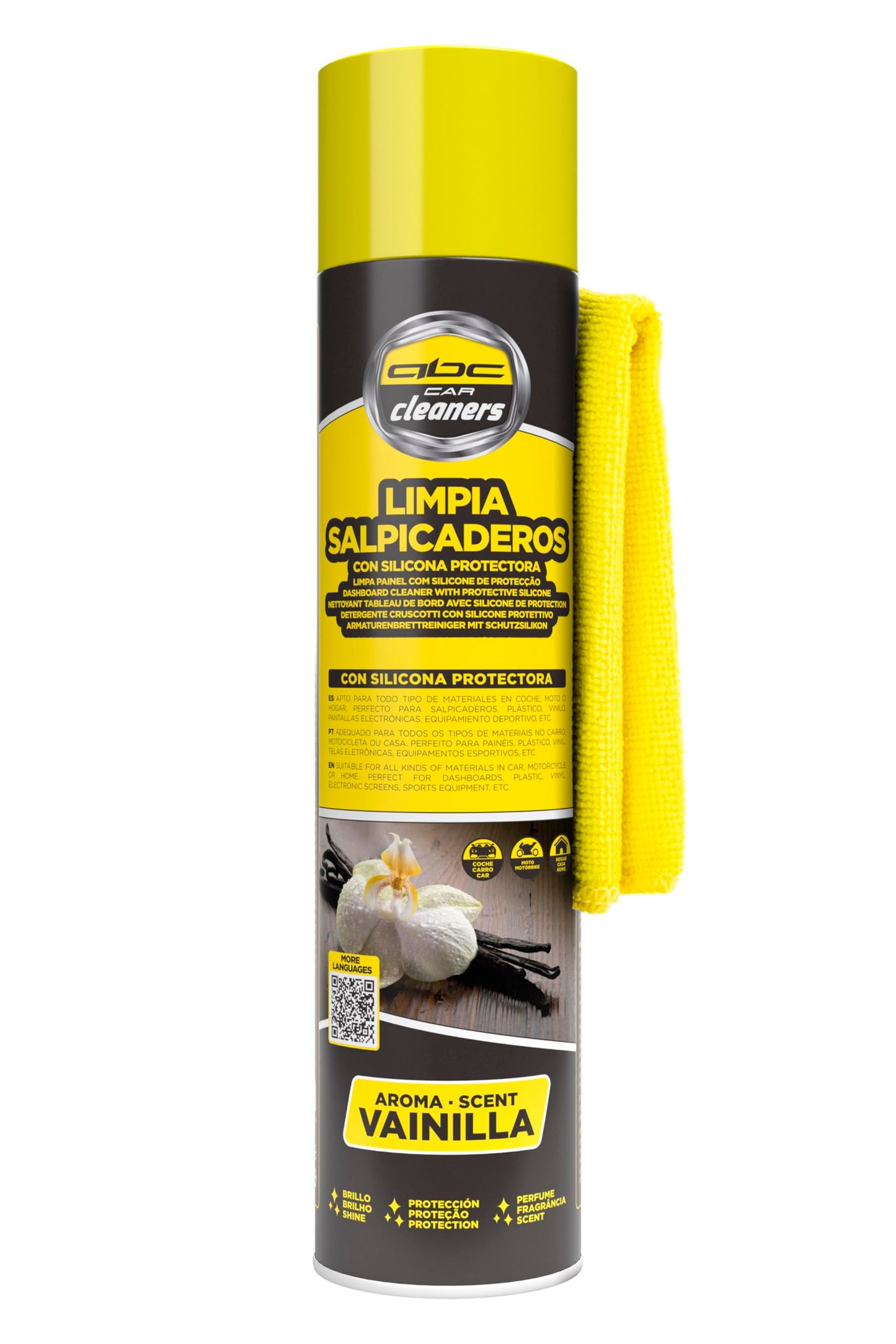 Abc Car Cleaners Spray Limpia Salpicaderos 585 ml con Bayeta. Aroma Vainilla con Silicona Protectora de Plásticos y Vinilos.