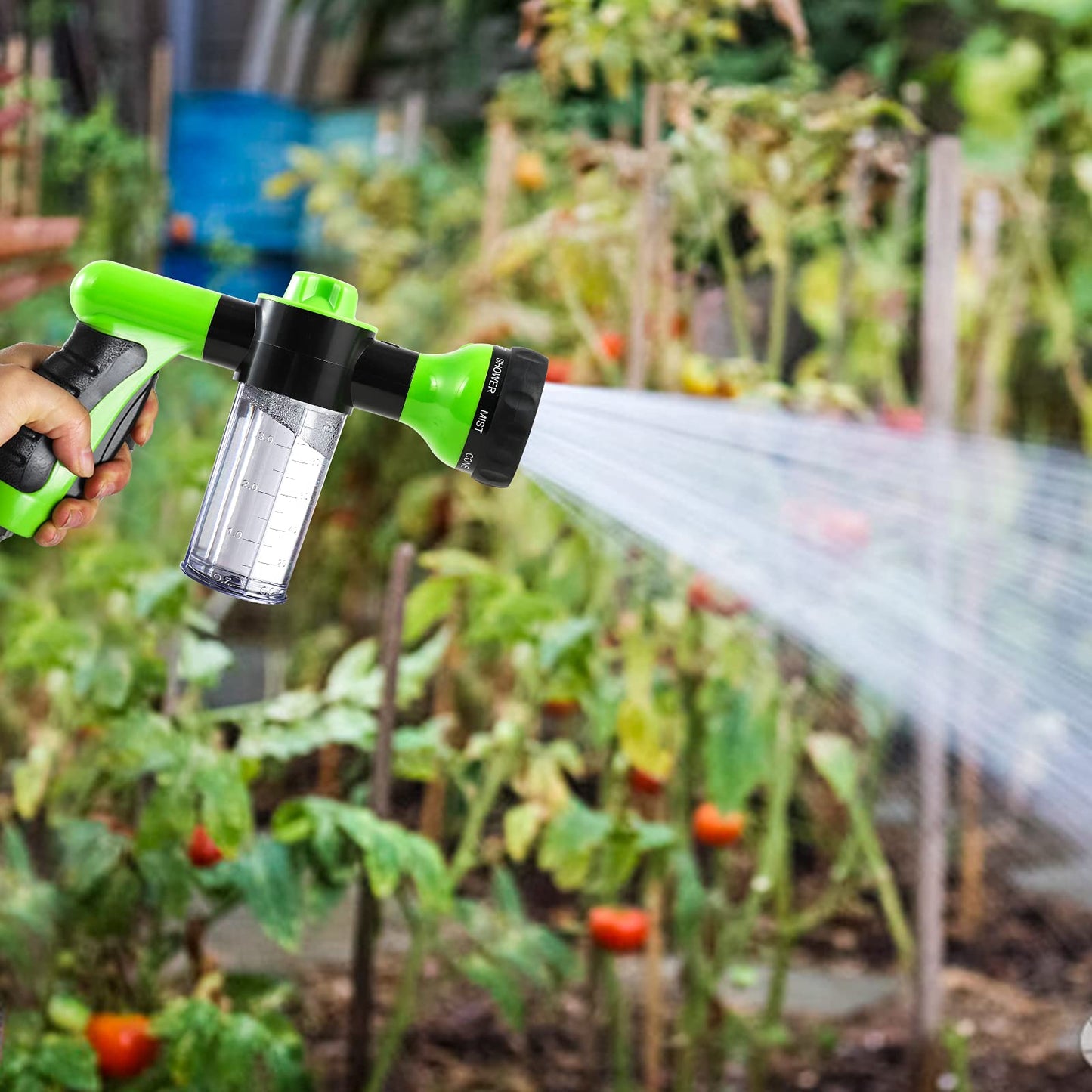 Pistola de Riego, Pistola de Agua para Jardín Manguera, 8 Modos Pulverizar Ajustable Alta Presión Boquilla de Espuma con Dispensador para Lavado Coche y Mascota, Regar Planta y Césped