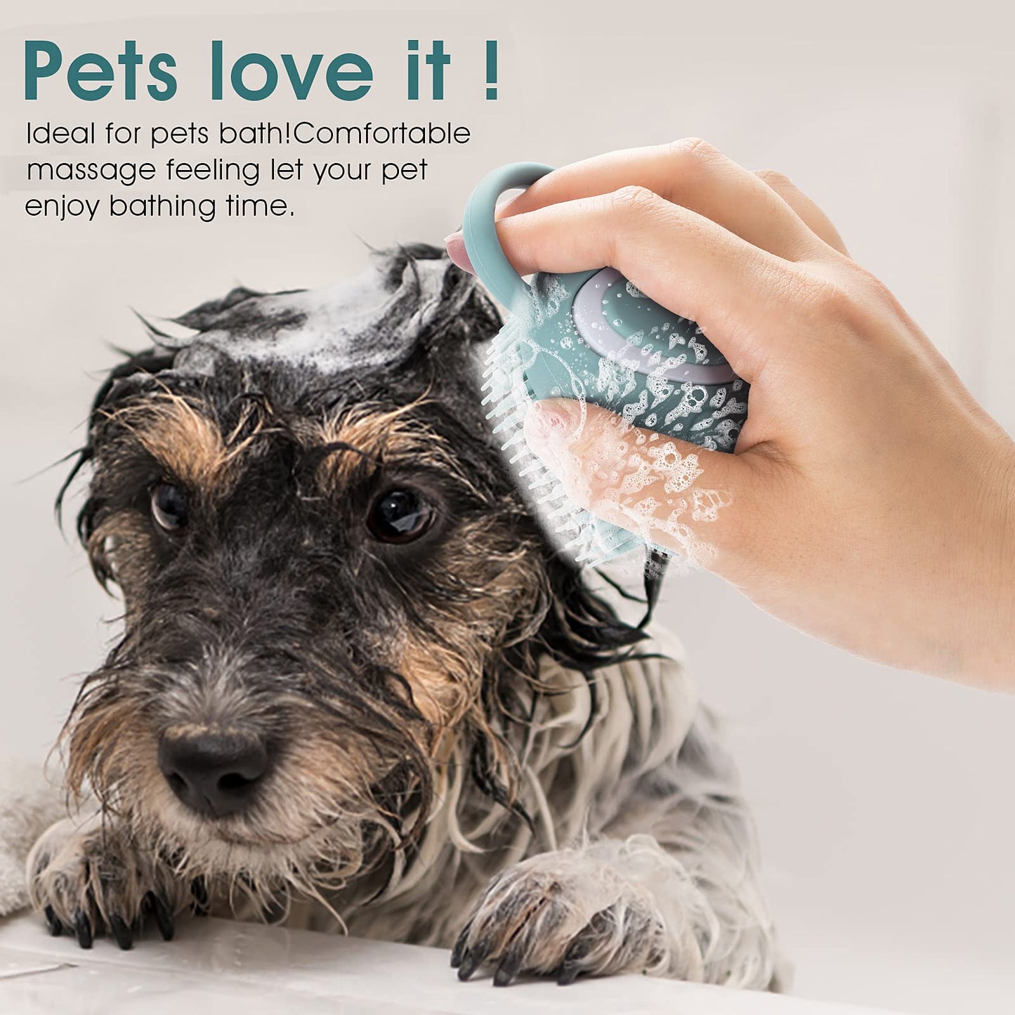 TIESOME Cepillo de Baño para Perros y Gatos, Dispensador de Champú de Silicona, Suave Cepillo de Ducha para el Lavado de Mascotas de Pelo Corto y Largo (Azul en forma de pata)