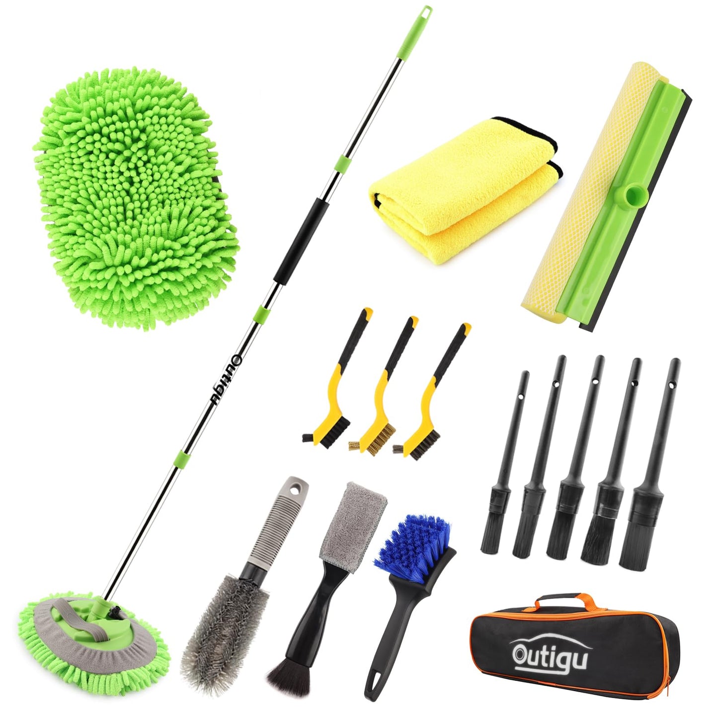 Outigu Kit de limpieza de coche, 62 pulgadas, guante de fregona con mango largo, juego de cepillos de detalles de coche, suministros completos de limpieza de coche