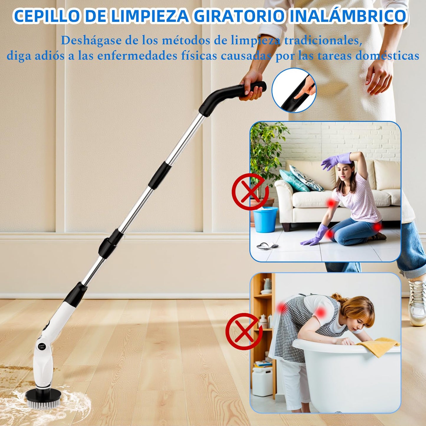Cepillo Electrico Limpieza Hogar, Cepillo Limpieza Hogar con 4 Ángulos Ajustables, 7 Cabezales de Cepillo, 3 Opciones de Longitud, 90 Minutos de Autonomía, 2 Modos de Velocidad, para Baño, Suelo