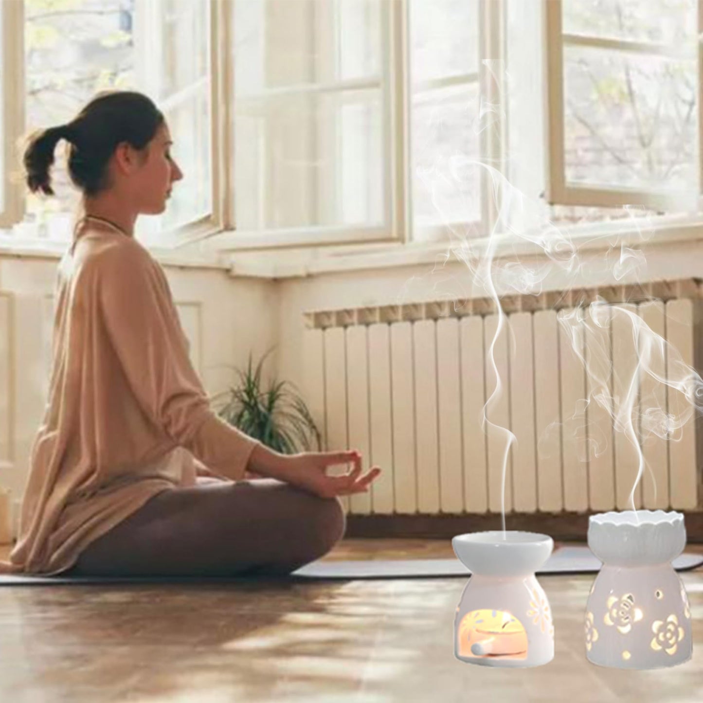 XFLYP Quemador Aceites Esenciales con Cuchara de Velas, Lámpara Perfumada de Noche, Horno de Aceite de Esencia de Cerámica para Dormitorio, Sala de Estar, Oficina, Hotel