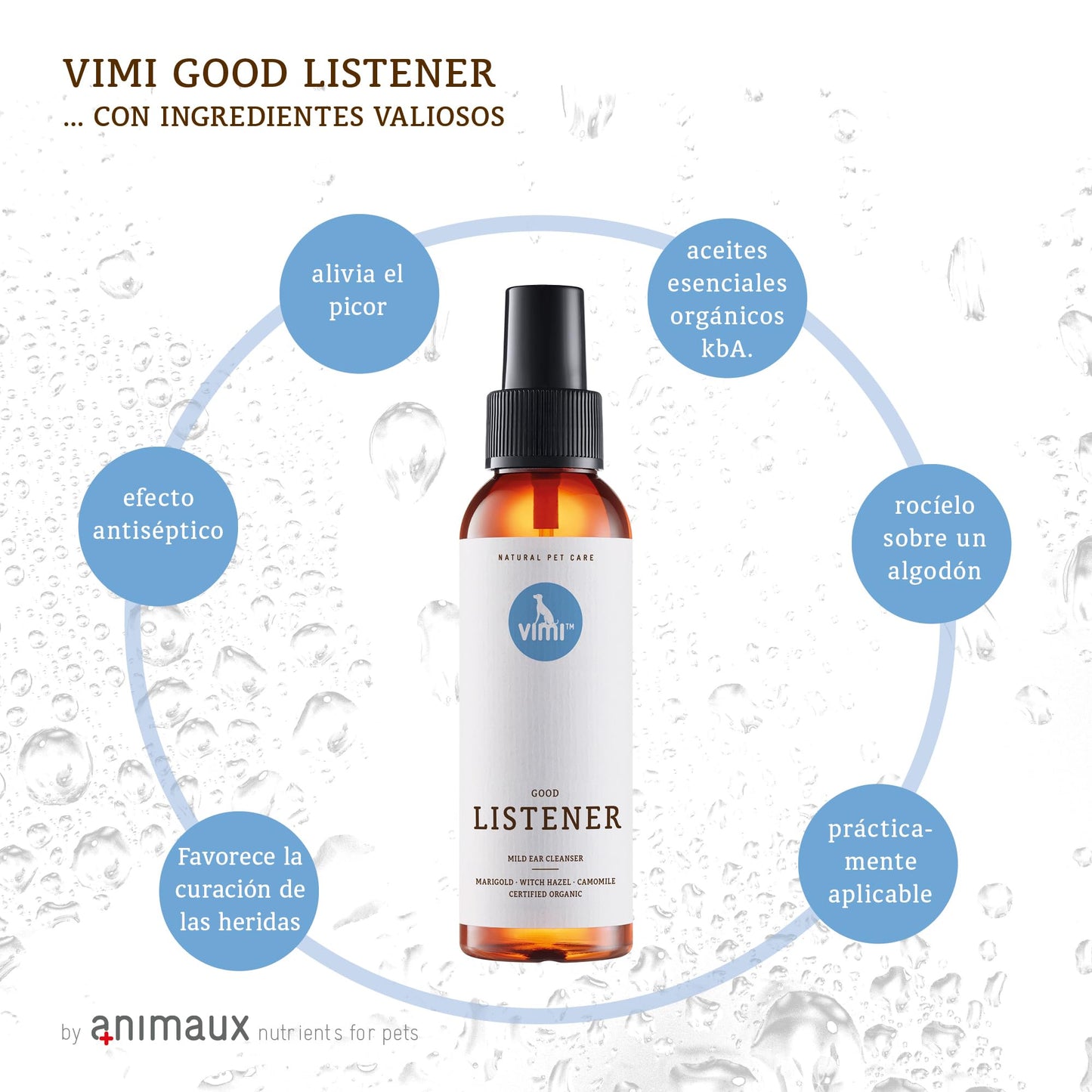 animaux Vimi Good Listener – Limpiador de oídos para orejas sensibles de perro y gato, 100 ml, con manzanilla, caléndula y magia para una limpieza profunda y suave