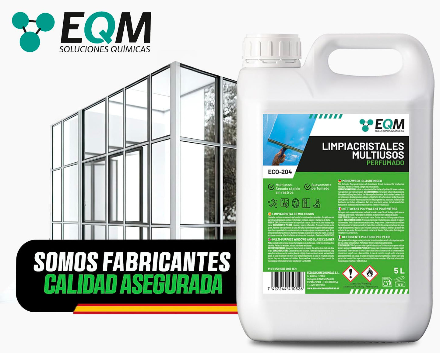 EQM - ECO-204 - Limpiacristales Multiusos Profesional - 5L - Limpieza Rápida, Sin Rastros Ni Marcas - Aroma fresco y envolvente