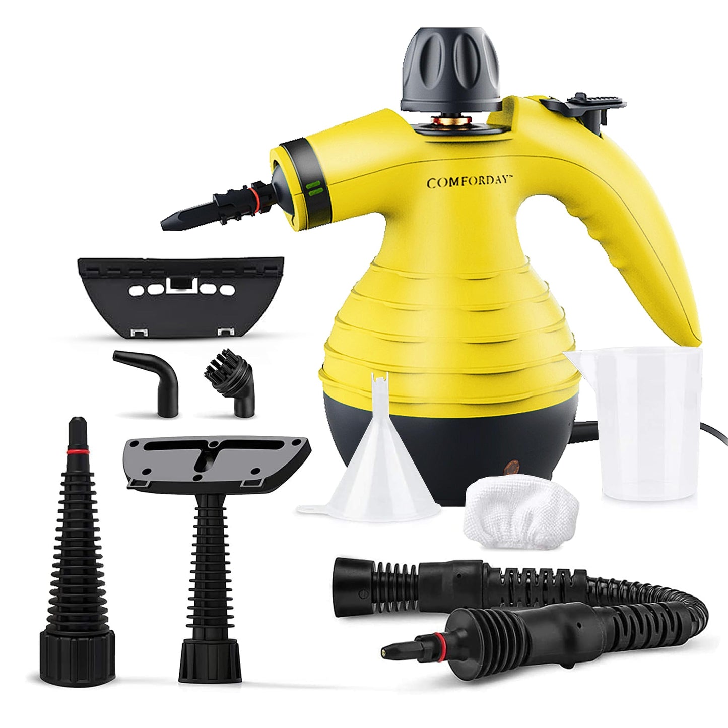 COMFORDAY Limpiador de Vapor de Mano, Limpiador de Vapores Portátil de Usos Múltiples con 9 Accesorios para Quitar Manchas, Alfombras, Cortinas, Asientos de Auto, Cocina, Chinches, Piso, Baño