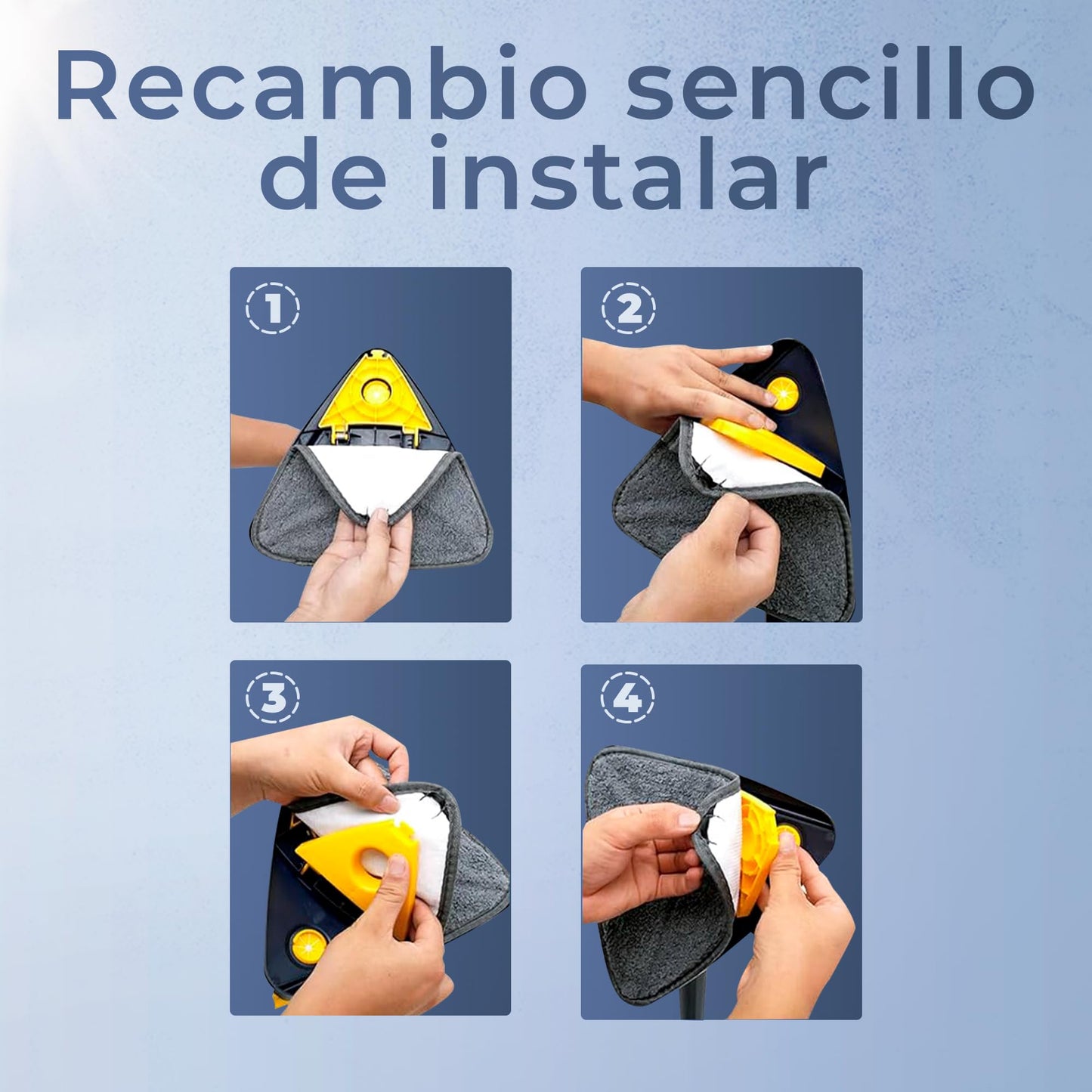 JUPPLIES Fregona Giratoria 360º Triangular Autoescurrible - Fregona Mopa para Limpiar Paredes y Azulejos - Fregona Muy Absorbente - Limpieza para Todo Tipo de Superficies (Mopa + 3 Recambios)