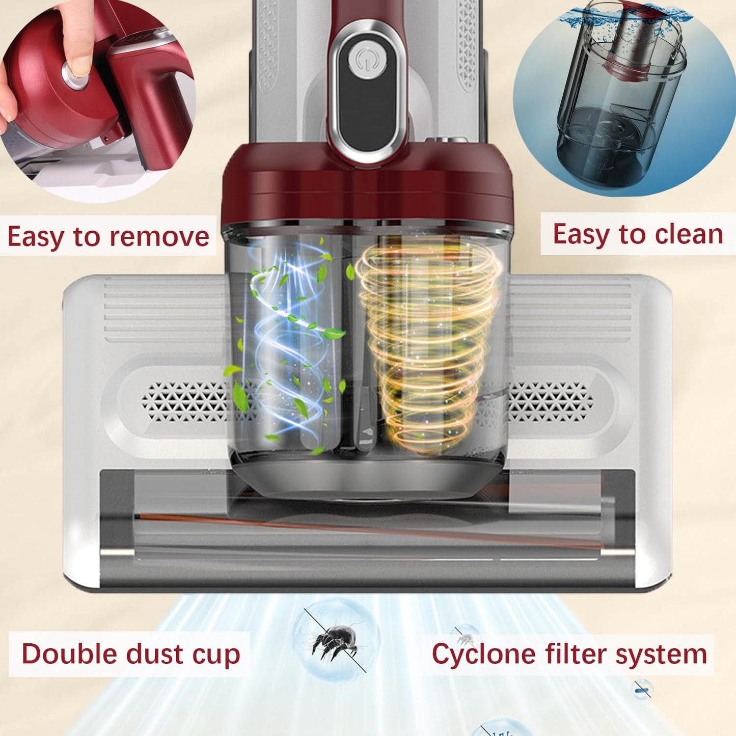 FEVORCS Aspirador de ácaros para colchones con luz UV de 17 kpa, con doble rodillo, 450 W, doble depósito de polvo de 600 ml, para tapicería, cama, sofá, pelo de animales