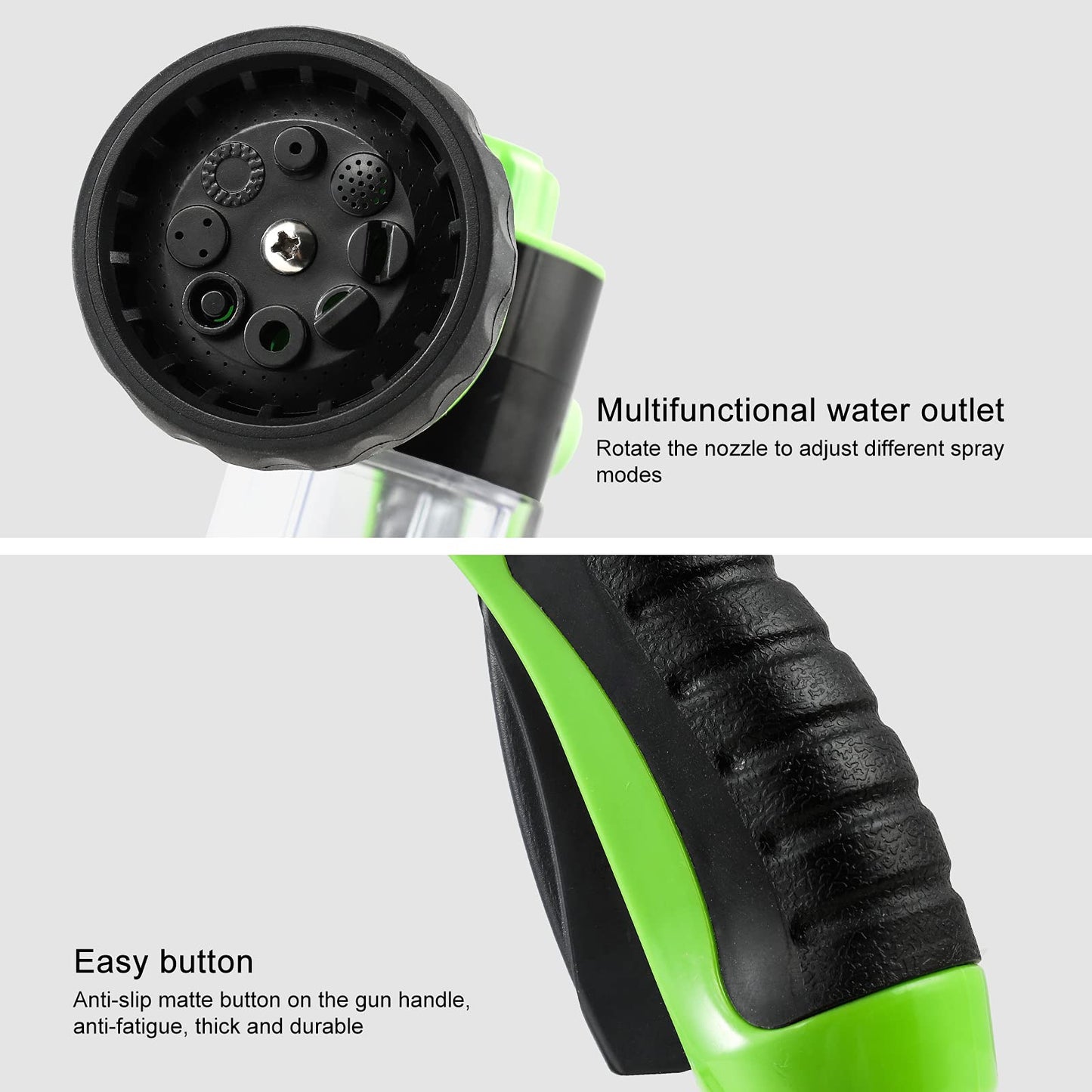 Pistola de Riego, Pistola de Agua para Jardín Manguera, 8 Modos Pulverizar Ajustable Alta Presión Boquilla de Espuma con Dispensador para Lavado Coche y Mascota, Regar Planta y Césped