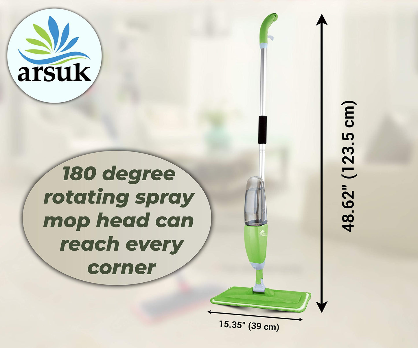 ARSUK Mopa con Pulverizador, Mopa Fregona para Suelos con Botellas Recargables de 600ml y 2 Almohadillas de Repuesto – para el Cocina, Azulejos, Madera Dura, Laminados