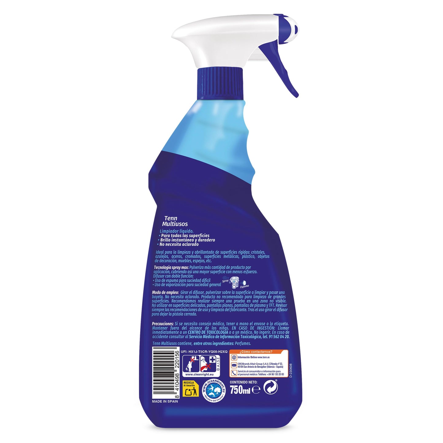 Limpiador multiusos con bioalcohol Tenn spray 750 ml