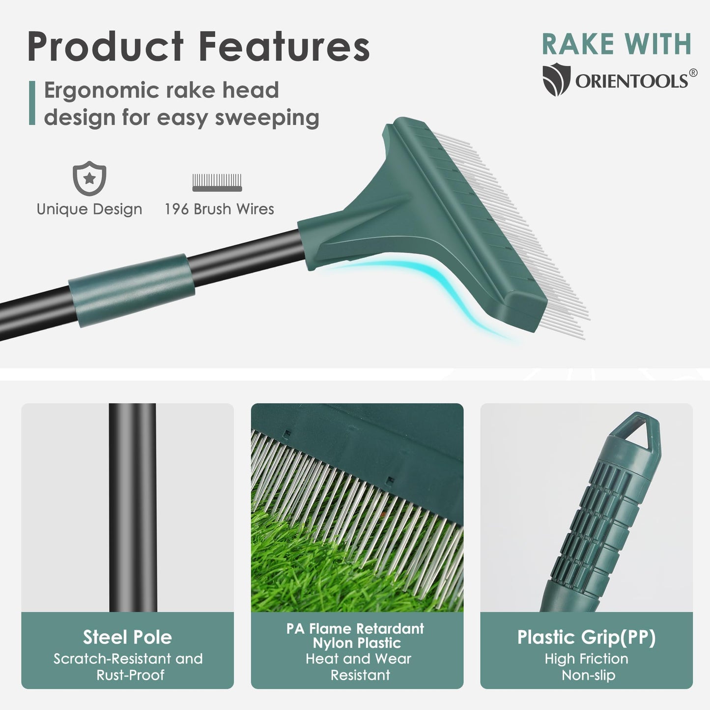 ORIENTOOLS Rastrillo de Césped Artificial con Mango de Acero Ajustable 80-132 cm Cepillo de Césped Artificial con Cabezal de Plástico con Cepillo PA Escoba de Césped para Jardín