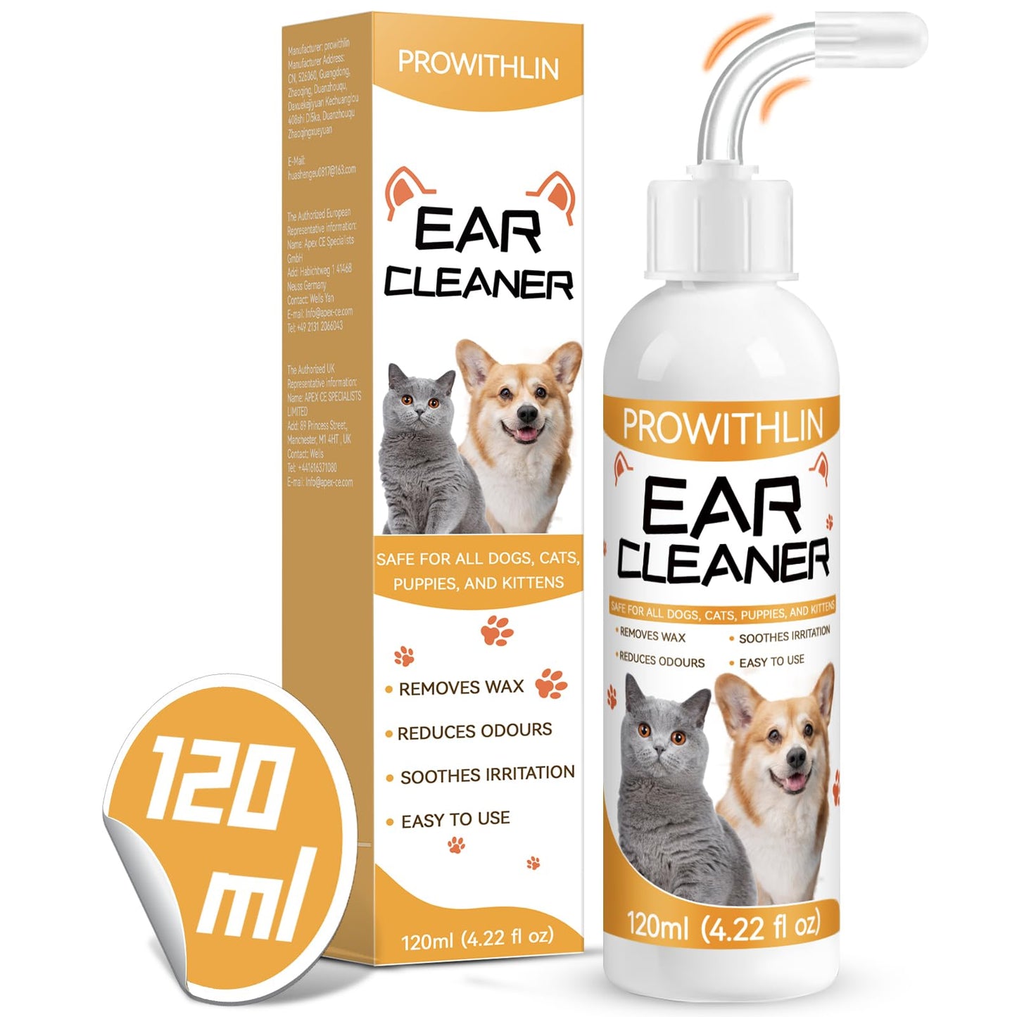 prowithlin Limpiador de Oídos para Perros y Gatos (120ml) - Elimina Residuos, Cera y Mal Olor - Limpiador Orejas Perros, Apto para Todas Las Razas de Gatos y Perros