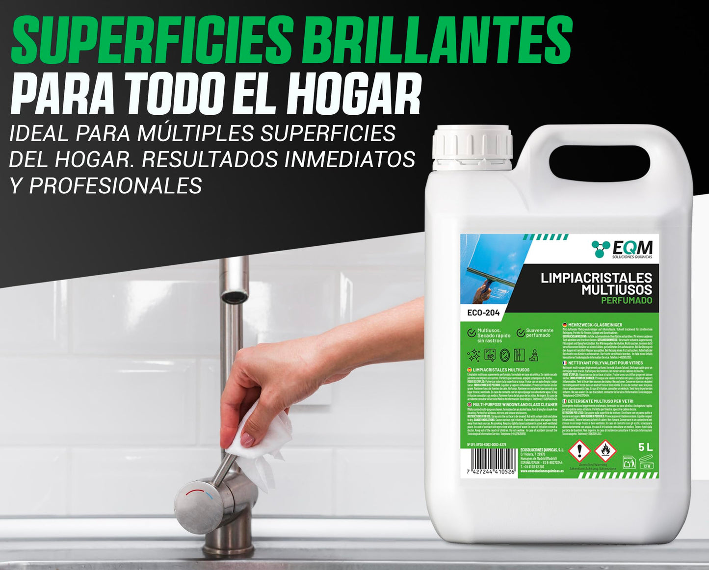 EQM - ECO-204 - Limpiacristales Multiusos Profesional - 5L - Limpieza Rápida, Sin Rastros Ni Marcas - Aroma fresco y envolvente