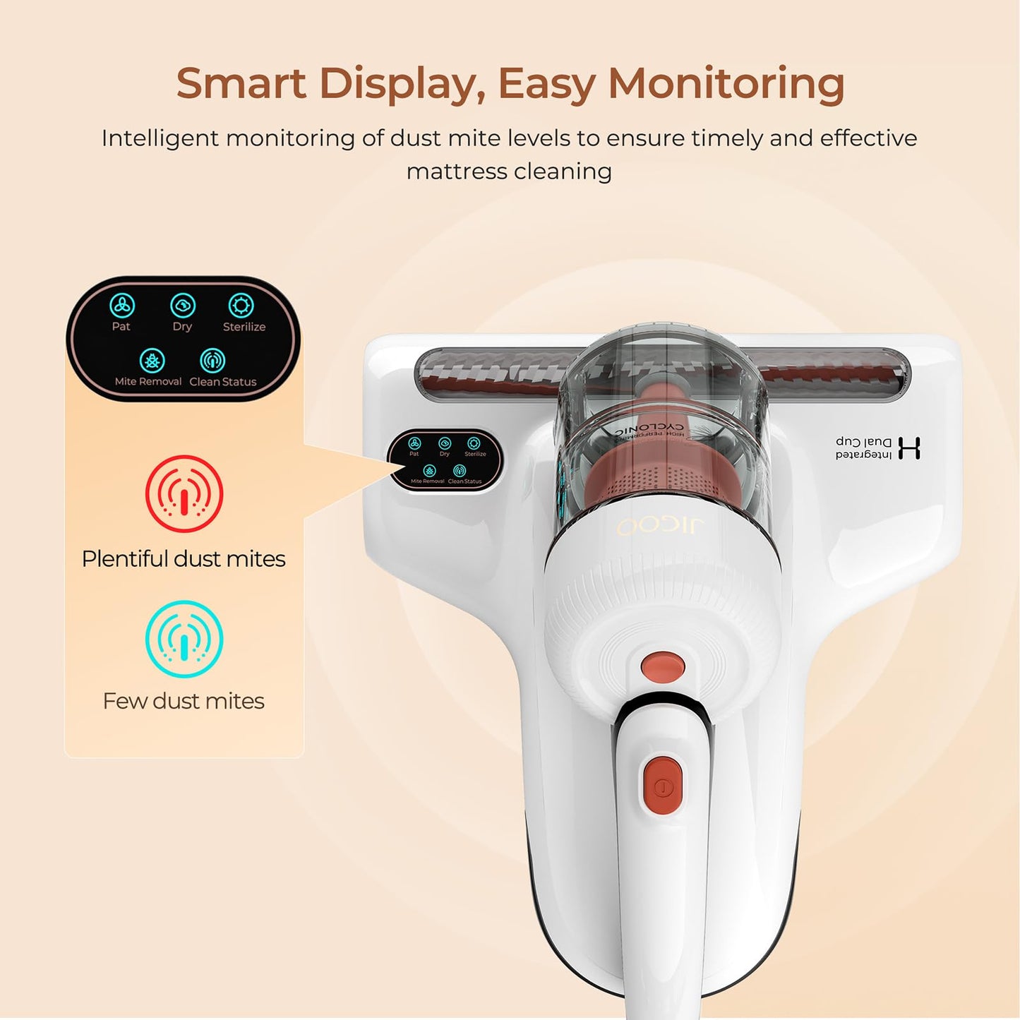 JIGOO Aspiradora de Ácaros con Sensor de Ácaros y Pantalla LED Inteligente, Aspiradora Antiácaros para Colchones con luz UV, Combate Las chinches, Elimina el 99,9% de los alérgenos, Especial Alergias