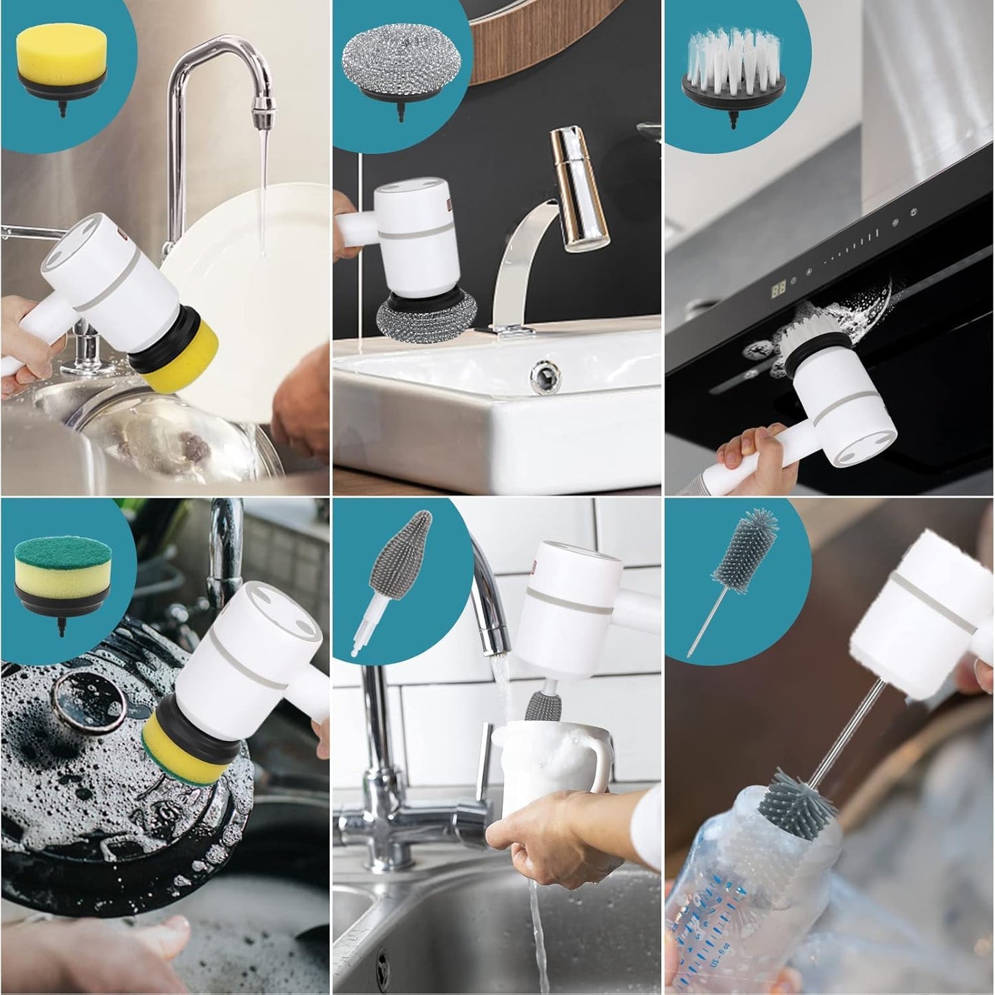 Cepillo Eléctrico Limpieza Multiusos | Kit Completo 6 Cabezales | Cocina, Baño, Lavabo, Suelos, Ruedas | Recargable, Giratorio, Portátil, Resistente