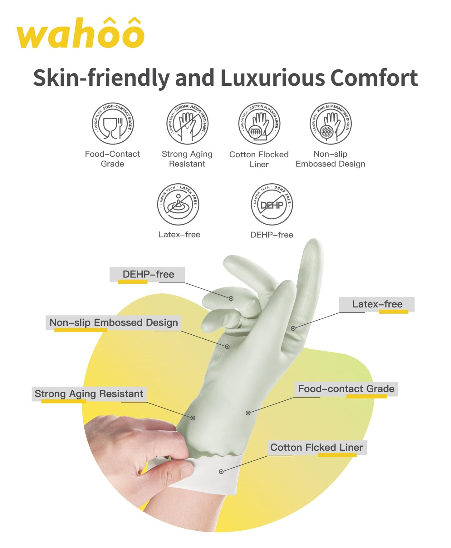 wahoo 3 Pares Guantes de Limpieza Hogar, Guantes Forrados de Algodón Flocado para Cocina, Sin Látex, Reutilizables, Impermeables, Antideslizantes, Verde Canario, Talla M