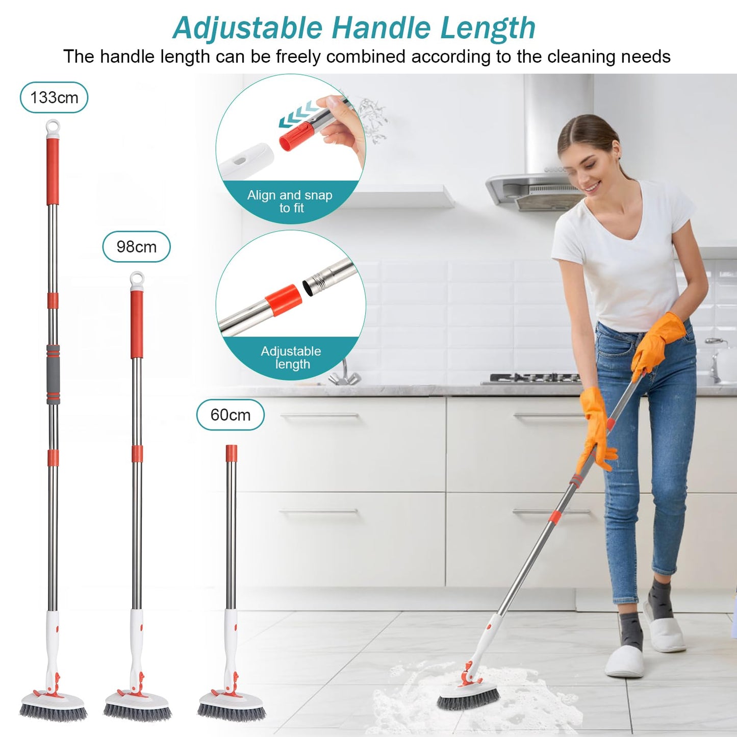 Roxanex Depurador de azulejos 3 en 1, 5 cepillos de limpieza, cepillo de limpieza de ducha mejorado para bañera, suelo, pared, cocina, baño, zócalo de coche, mango extensible de 130 cm de largo