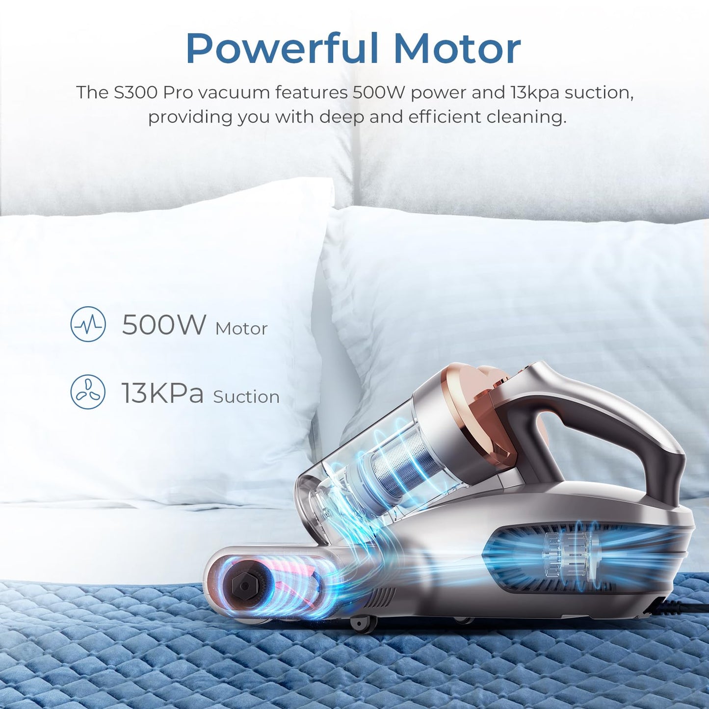 JIGOO S300 Pro Aspirador de Ácaros con Sensor de Ácaros y Pantalla Digital, 500W Aspiradora antiácaros con Luz UV, 13KPa de succión, para Alergias, Elimina alérgenos en colchones, Camas y sofás