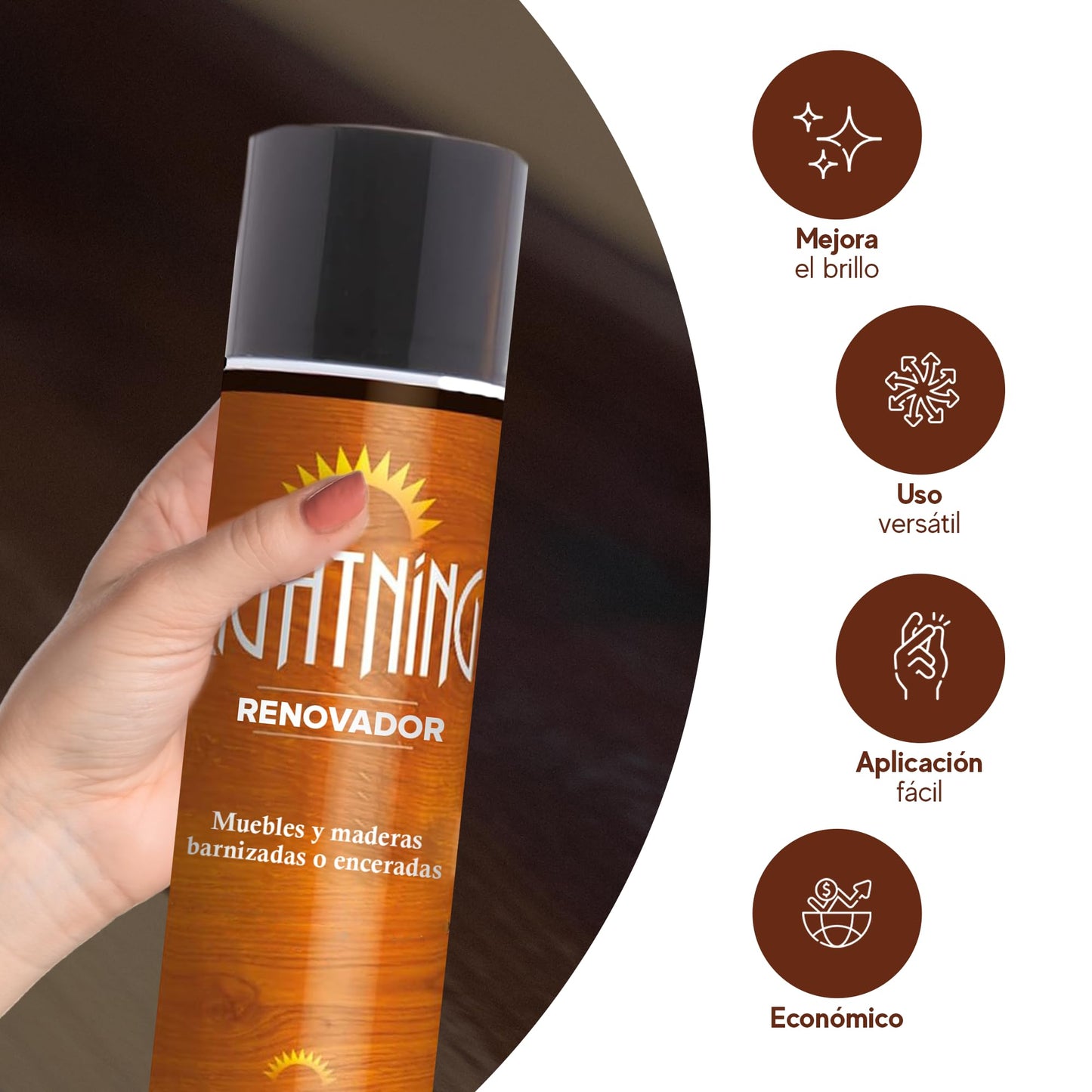 Revitalizante Renovador Universal para Muebles y Madera 400ML - Limpiador de Suelos y Madera Barnizada o Encerada LIGHTNING (Aerosol)