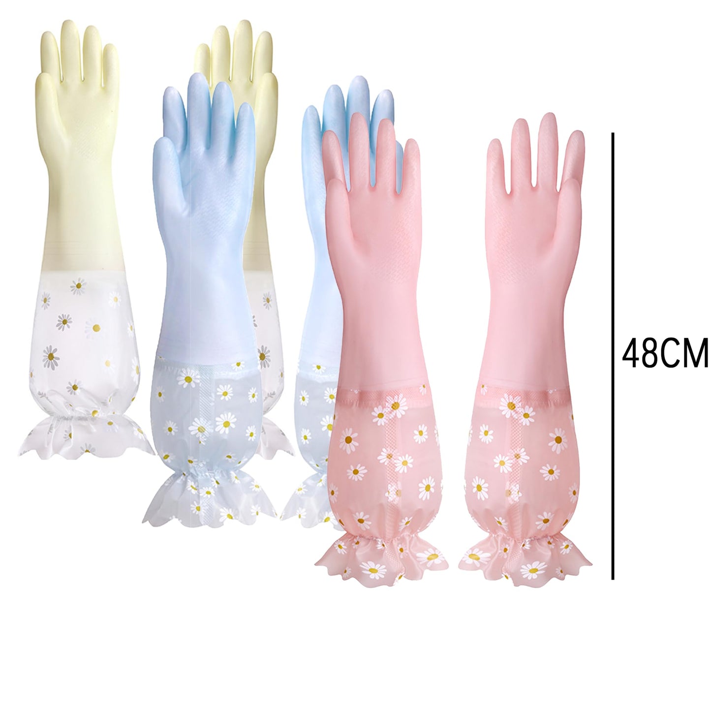 3 pares PVC Guantes de Lavado sin Látex, Forro de Algodón, Brazo Largo, Reutilizable para Lavar Platos Limpieza de la Cocina Hogar,Coche, Baño (Amarillo + Rosa + Azul)