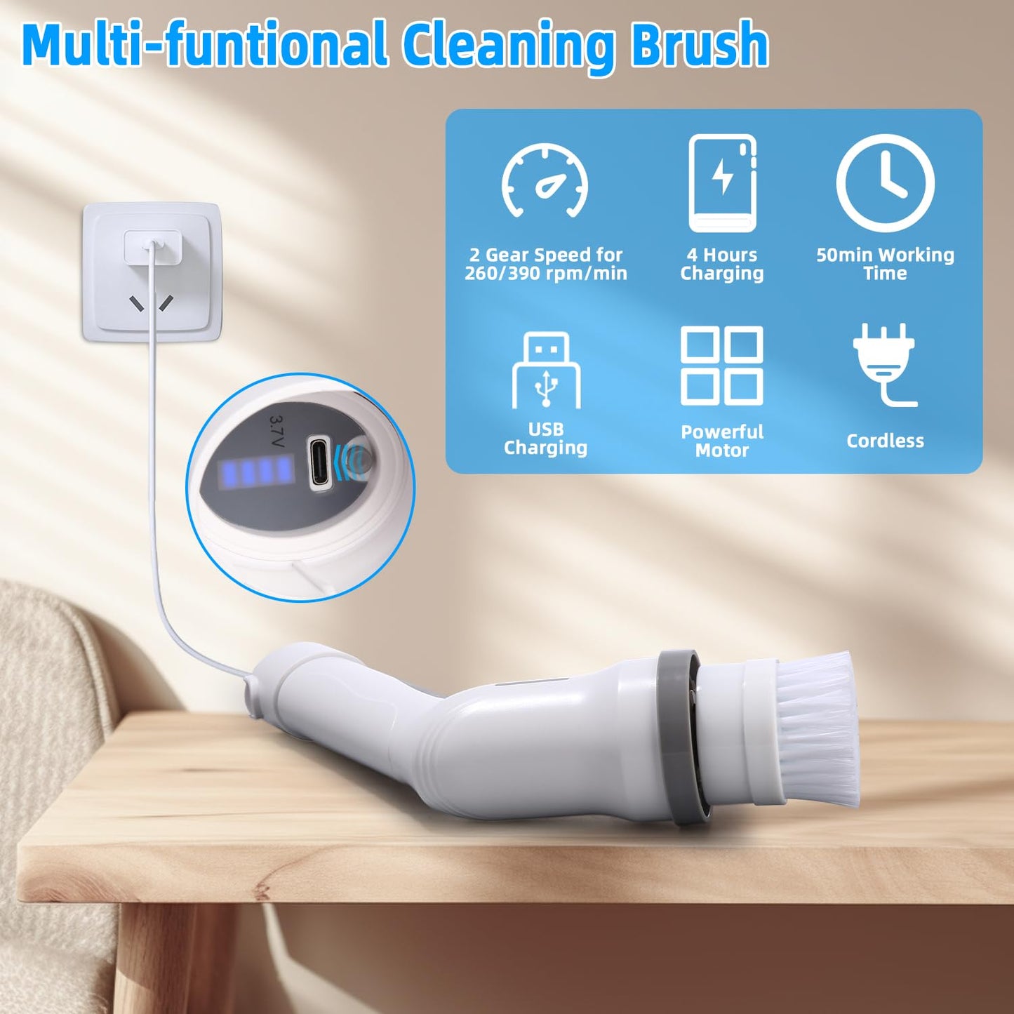 SOBEAU Cepillo De Limpieza Electric, Electrico Limpieza Hogar con 9 Cabezales de Cepillo de Repuesto, Cepillo Limpieza Electrico Mango Ajustable 2 Velocidades para Baño, Coche, Cocina,Suelo