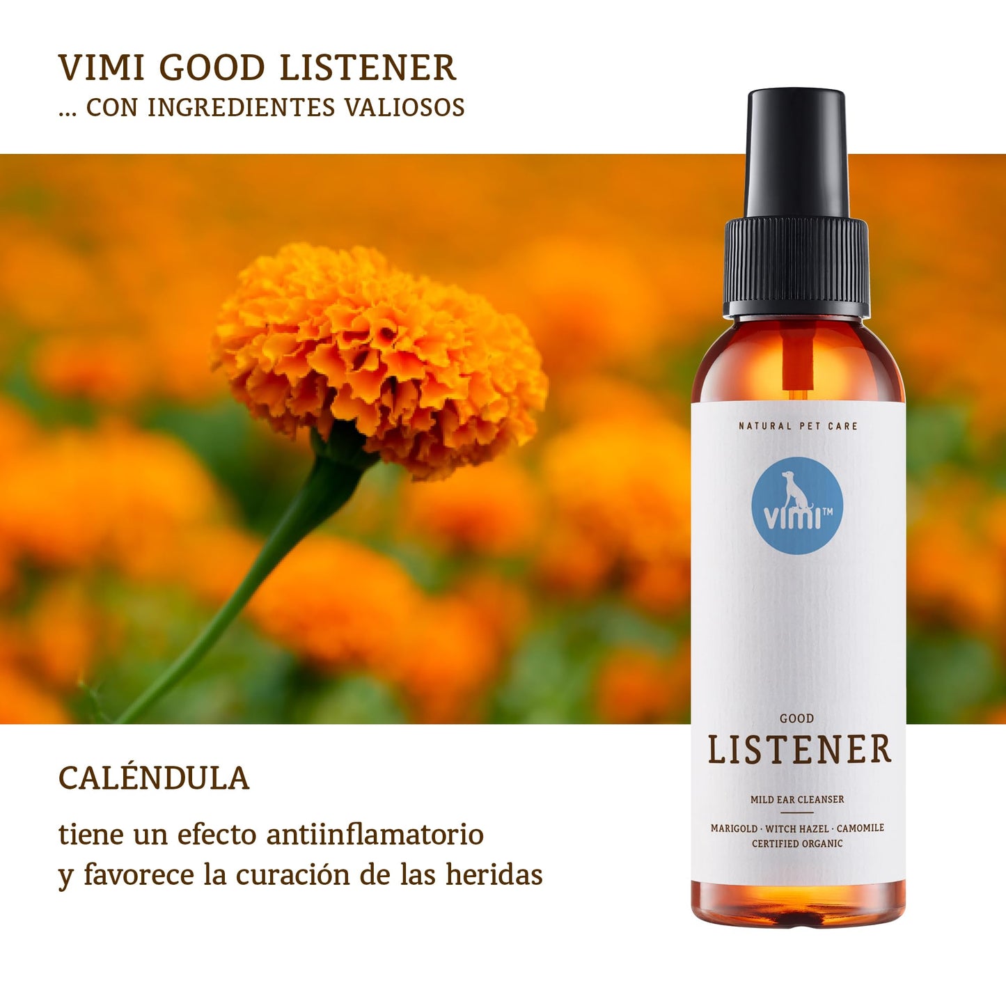animaux Vimi Good Listener – Limpiador de oídos para orejas sensibles de perro y gato, 100 ml, con manzanilla, caléndula y magia para una limpieza profunda y suave