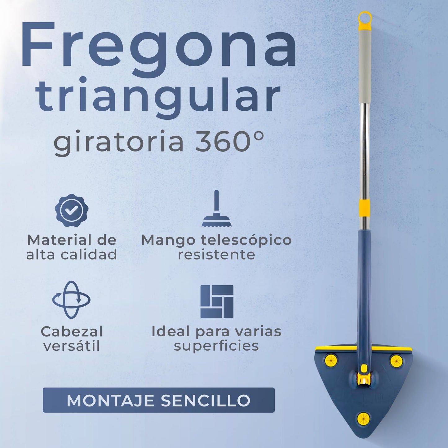 JUPPLIES Fregona Giratoria 360º Triangular Autoescurrible - Fregona Mopa para Limpiar Paredes y Azulejos - Fregona Muy Absorbente - Limpieza para Todo Tipo de Superficies (Mopa + 3 Recambios)