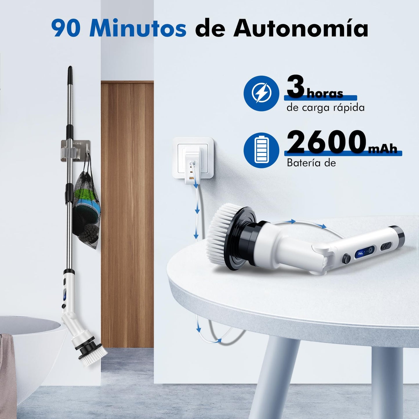 ETENTOUS Cepillo Limpieza hogar, 8 in 1 Cepillo electrico Limpieza hogar, limpiacristales electrico con 140cm Mango Ajustable, 3 Velocidades 3 ángulos, Cleaning Brush para baño, Tina, Cocina, Piso