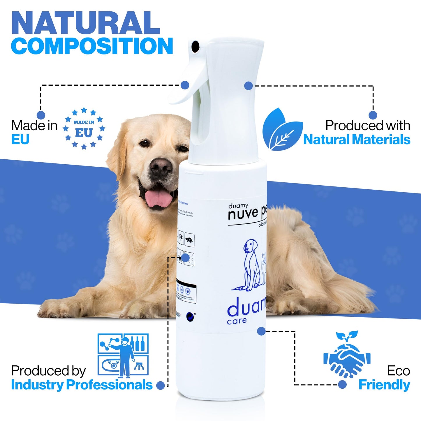 NUVE PETS Eliminador de olores de mascotas, ambientador ecológico sin propelentes, tóxicos ni alérgicos. Absorbe, bloquea y neutraliza olores. Anti-olor orines de Perros, Gatos. 500ml