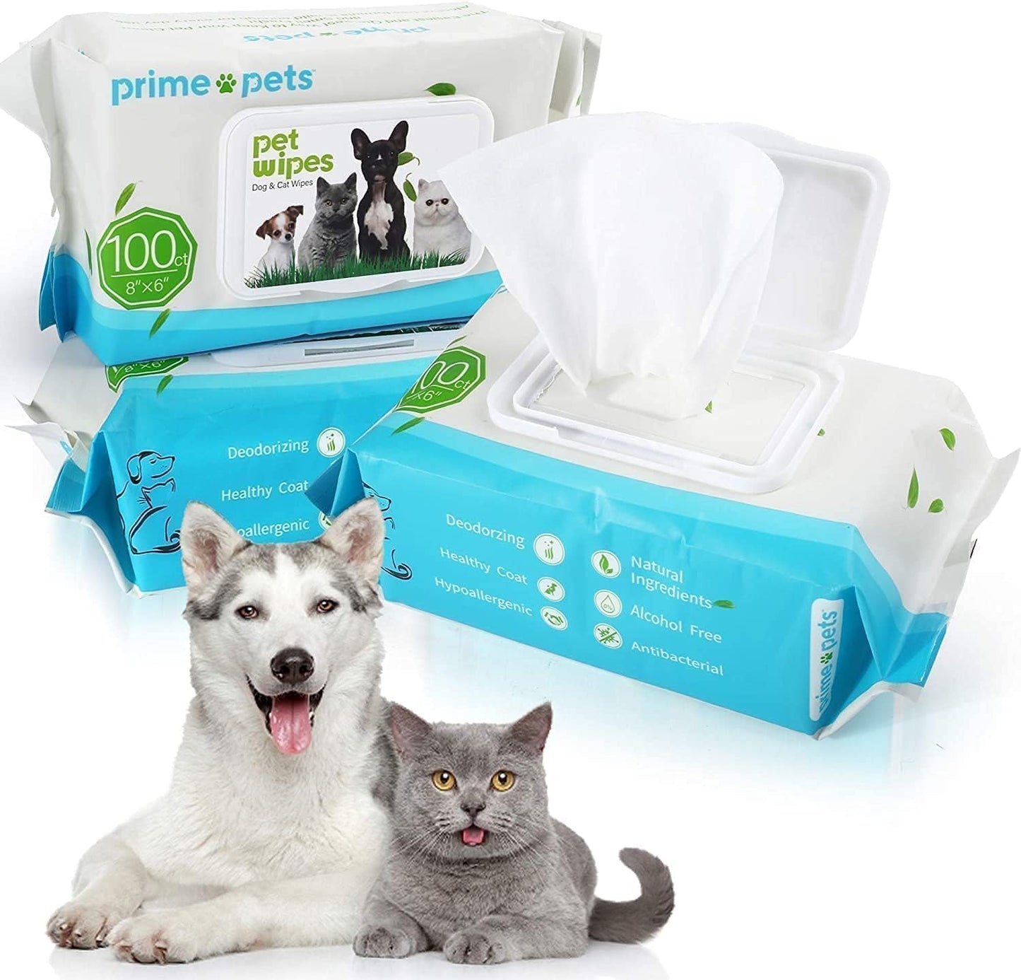 PrimePets 300 Piezas Toallitas Higiene Perro y Gato Toallitas de Aseo de Cuidado para Mascotas Desodorizante Hipoalergénico Naturales Limpieza Toallitas para mascotas para patas, cara, trasero, orejas