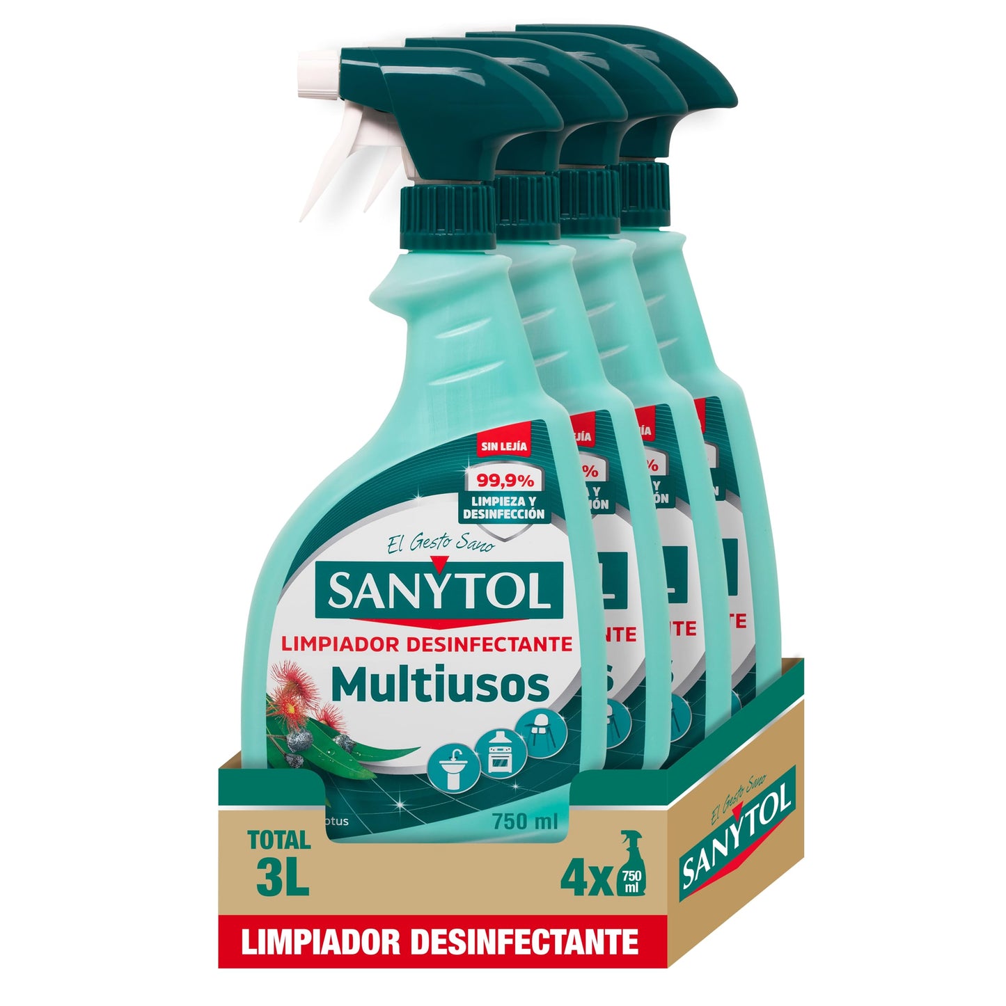 Sanytol - Limpiador Desinfectante Multiusos - Pack de 4 x 750 Ml = 3L