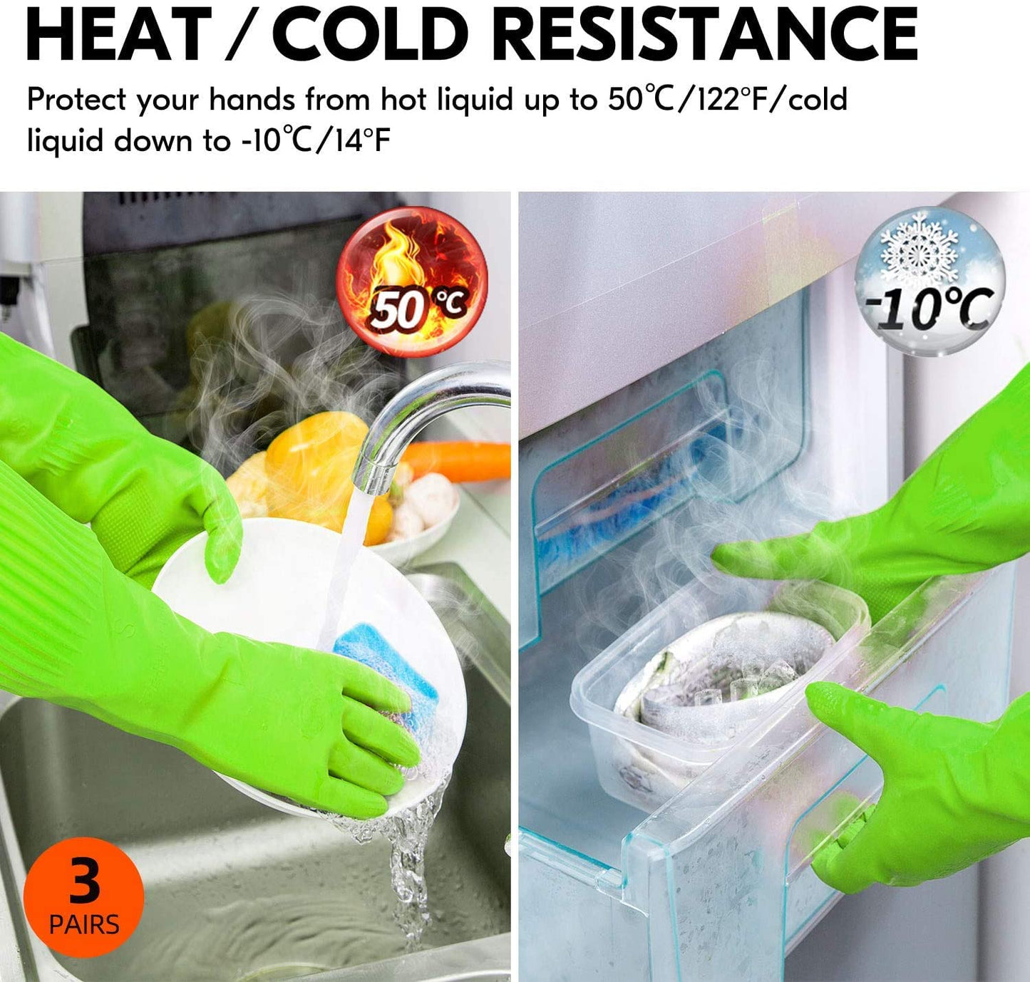 Vgo... 3 pares de guantes de limpieza para el hogar, guantes de goma para lavar los platos, extra gruesos, mangas largas (RB2143)