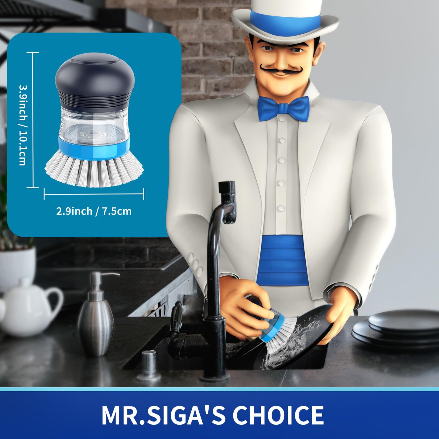 MR.SIGA Cepillo de Palma dispensador de jabón, Cepillo de Cocina para la Limpieza de fregaderos, Pack de 1, Azul Marino/Azul