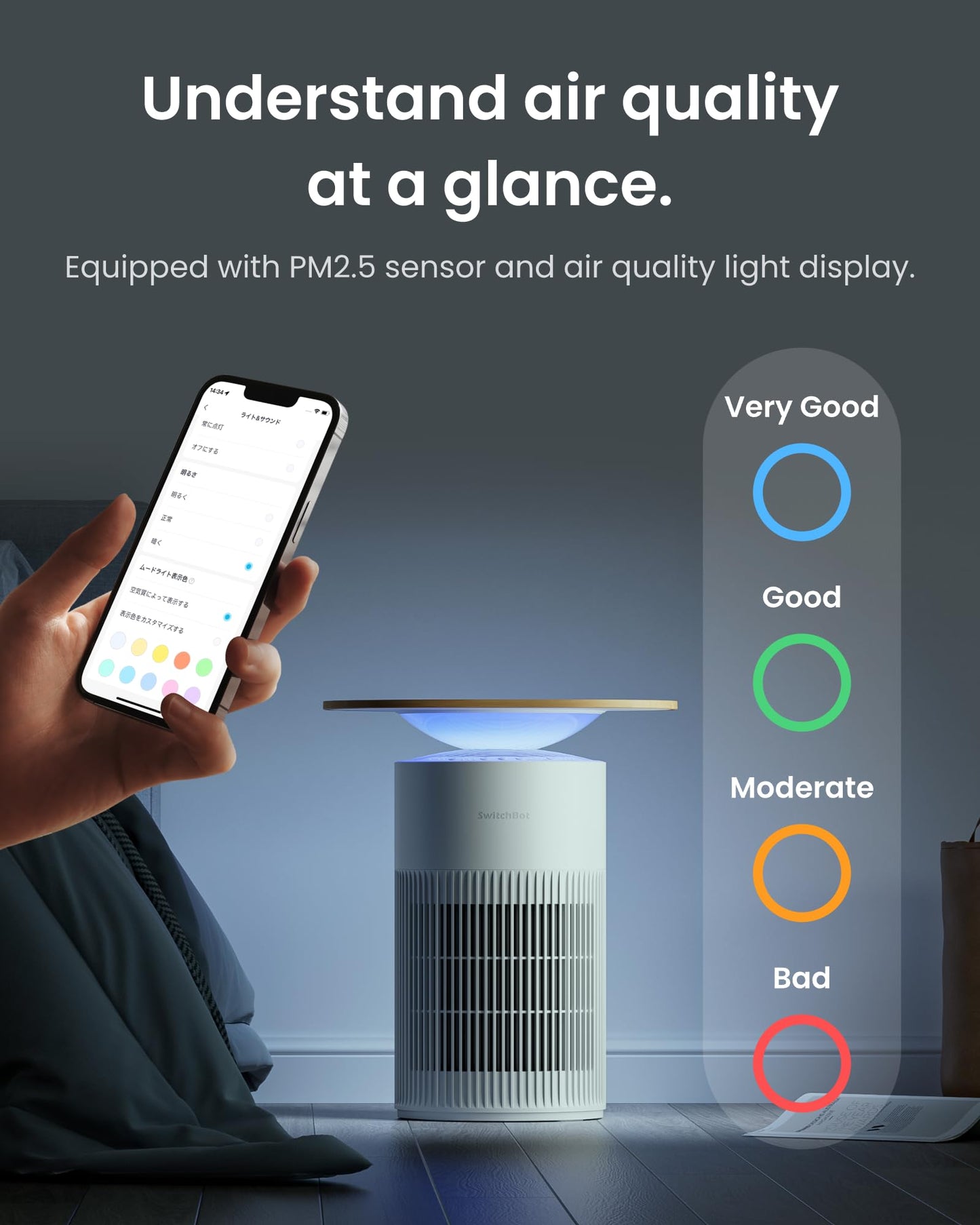 SwitchBot Purificador De Aire Con App Y Luz Nocturna, CADR 400m³/h Hasta 83㎡, Filtro HEPA Elimina 99.97% De Moho, Polvo, Polen, Modo Sueño 20dB, Modo Mascotas Para Familias Con Animales
