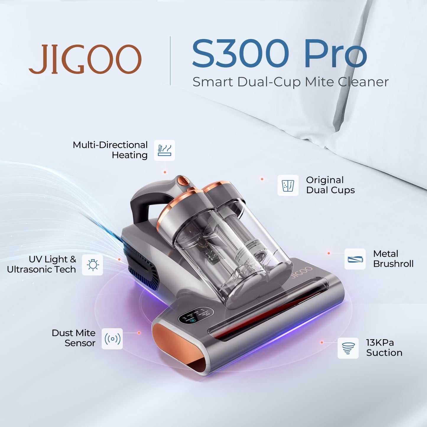 JIGOO S300 Pro Aspirador de Ácaros con Sensor de Ácaros y Pantalla Digital, 500W Aspiradora antiácaros con Luz UV, 13KPa de succión, para Alergias, Elimina alérgenos en colchones, Camas y sofás